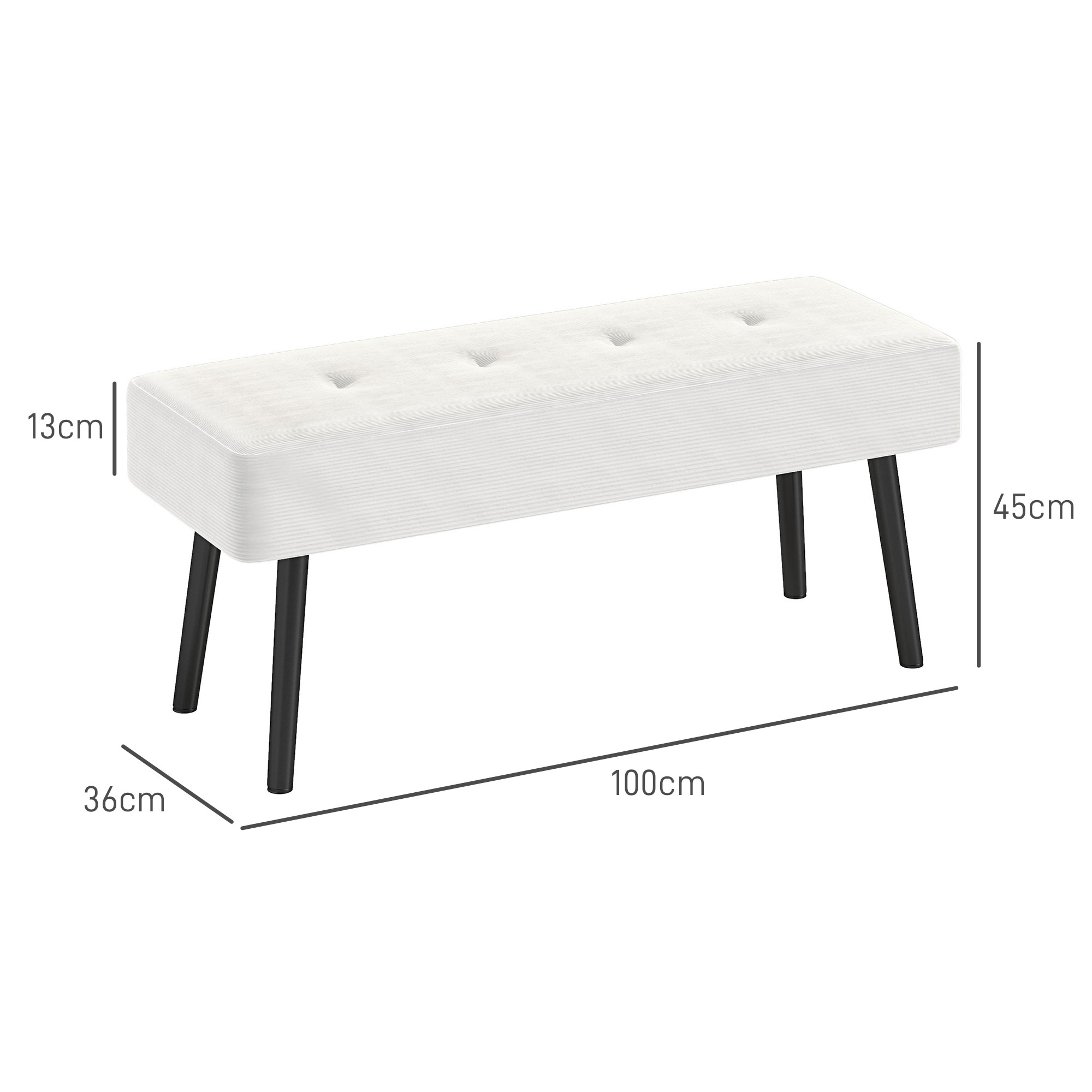 HOMCOM End of Bed Bench, Corduroy Bedroom Bench with Thick Padding and Steel Legs, Tufted Window Seat for Entryway, Living Room, Cream White 3