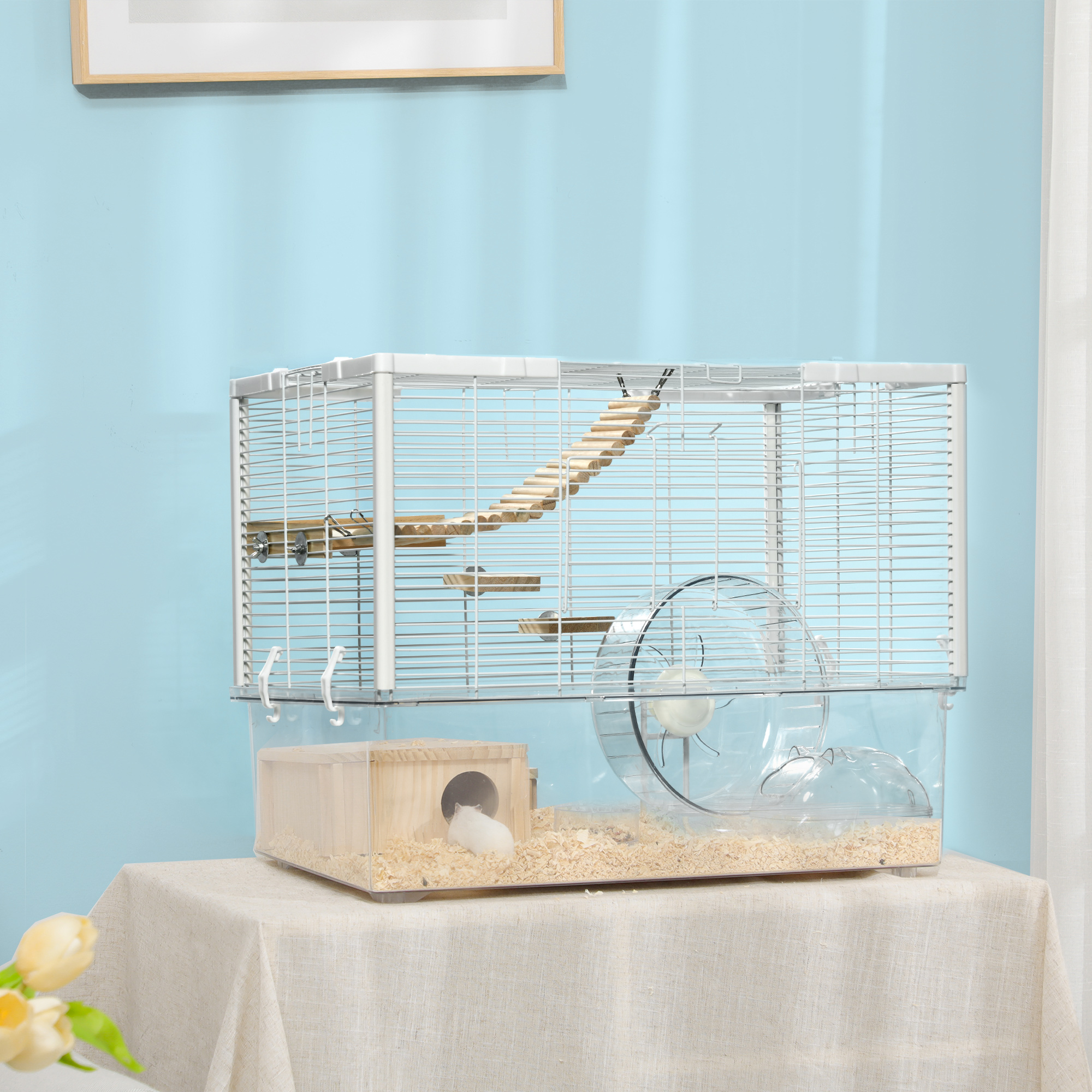 PawHut Hamster Cage, Gerbil Cage with Wooden Ramp, Exercise Wheel, Food Bowl White 2