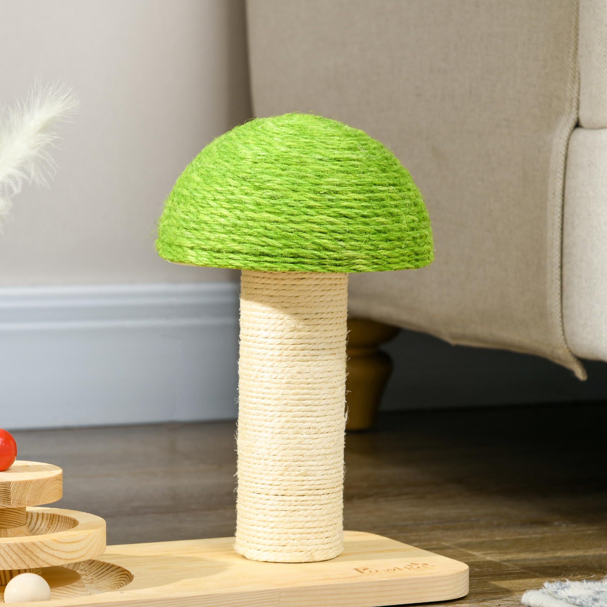 PawHut Mushroom-Shaped Cat Scratching Post, with Toy Balls, Feather for Indoor Cats, 35 x 21 x 26cm Natural Tone 8