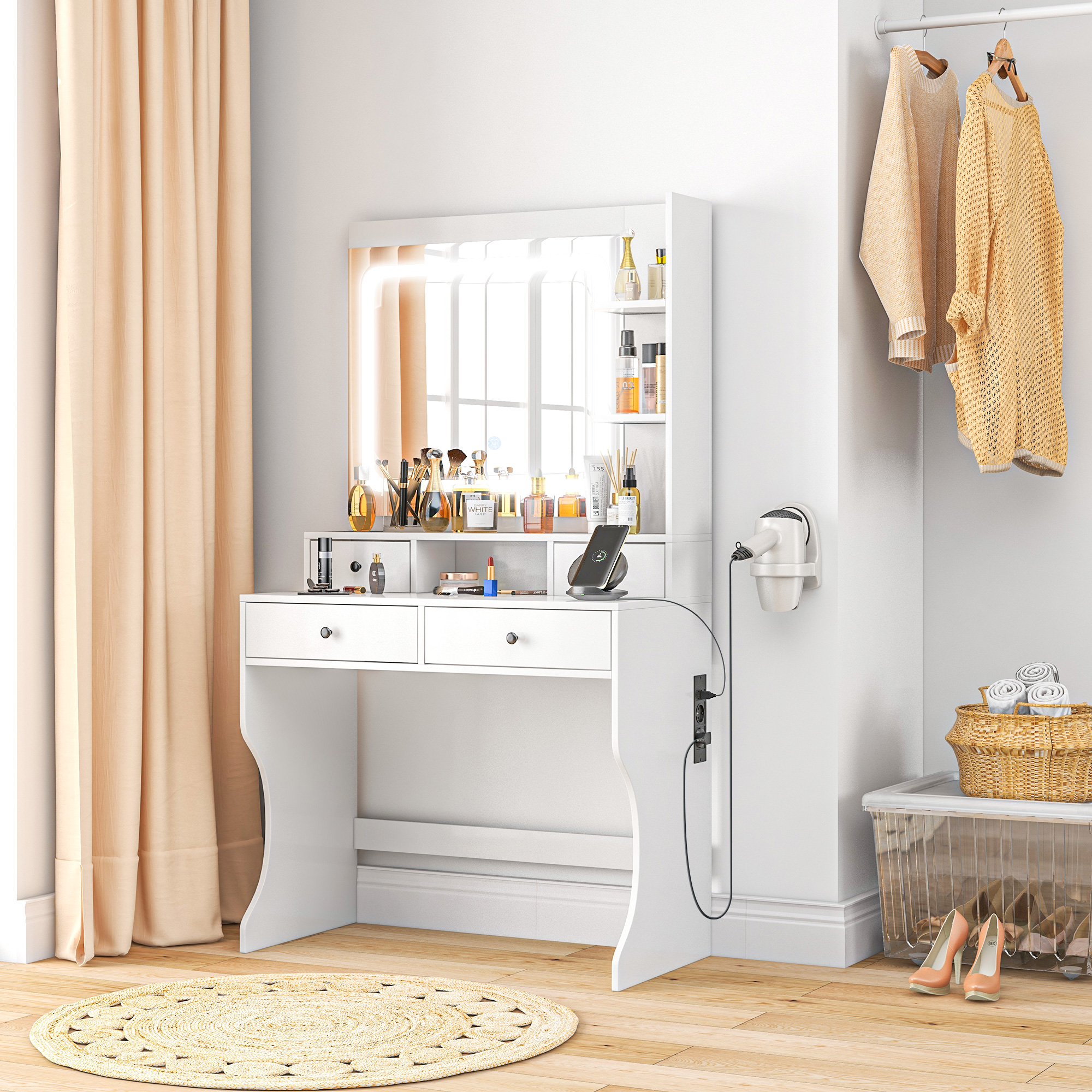 Set Toeletta Con Specchio Per Bambini 3-7 Anni, Tavolo Con Cassetti E Sgabello Imbottito 70x34x101cm Rosa