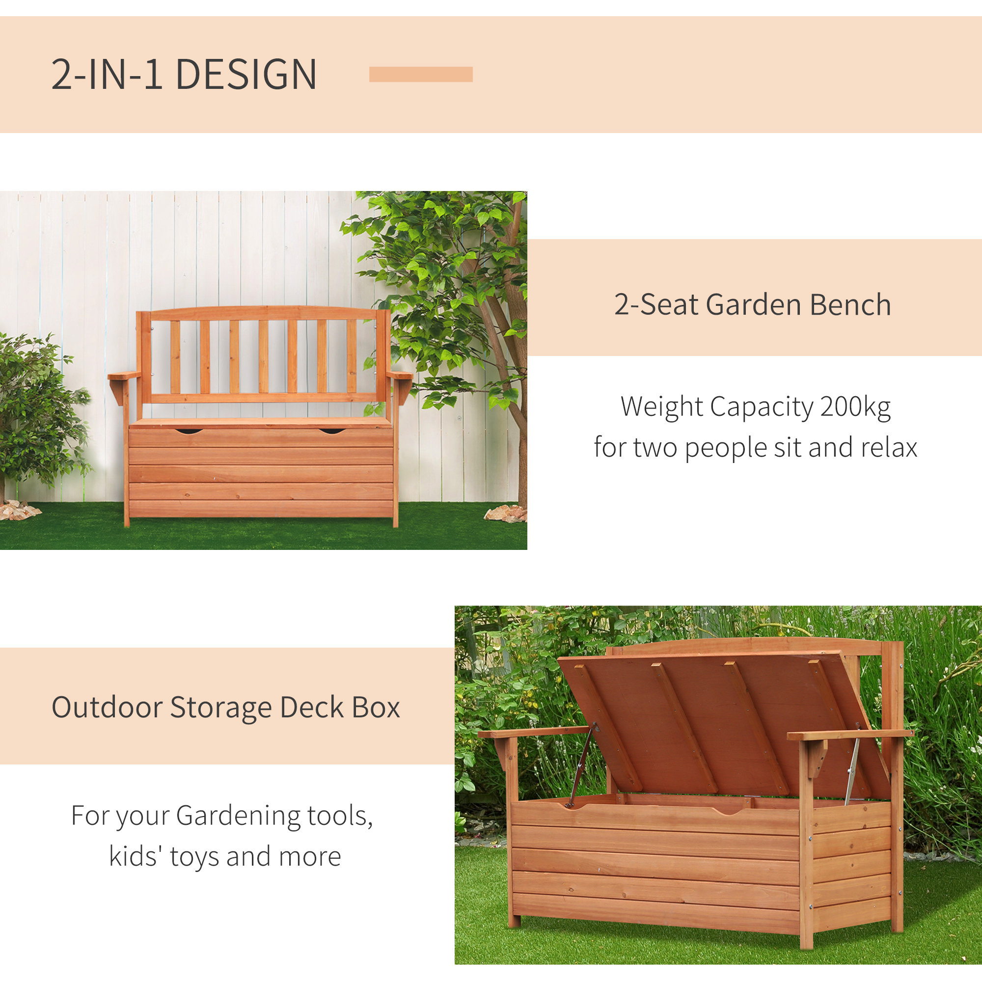 Outsunny Two-Seater Garden Storage Bench Natural 4