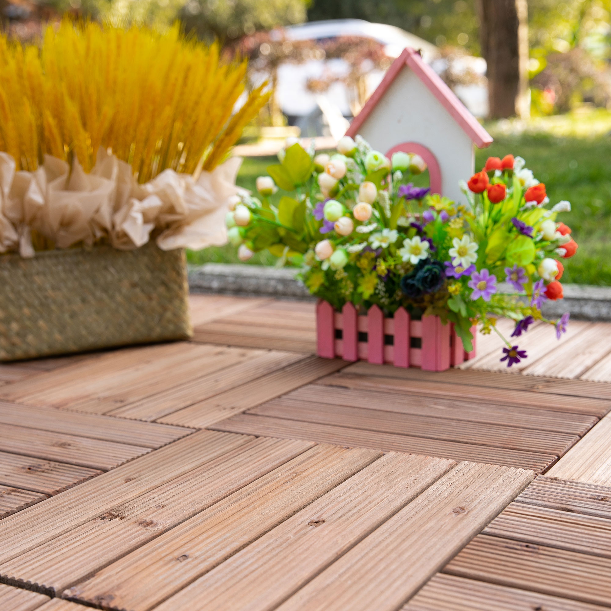 Outsunny 27 Pcs Solid Wood Interlocking Decking Tiles For Patio, Balcony, Roof Terrace, Hot Tub, Brown, (30 x 30 cm Per Piece) 2