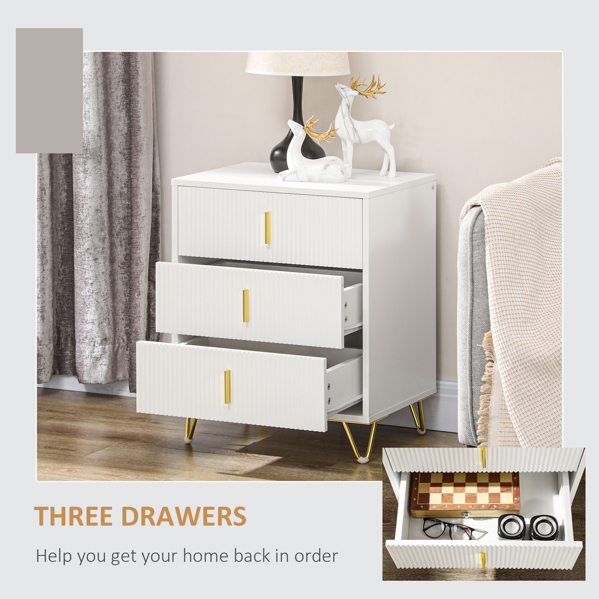 HOMCOM Elegant Chest of Three Drawers White/Gold-Tone 5