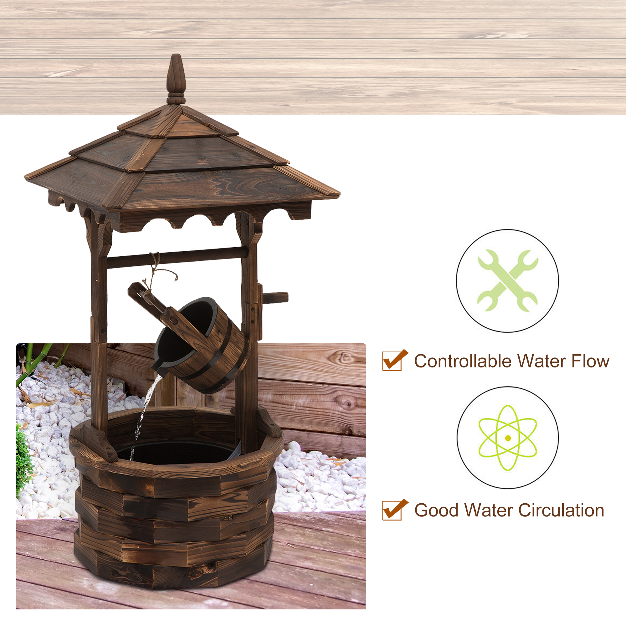 Outsunny Wooden Garden Wishing Well Fountain Barrel Waterfall Rustic Wood with Pump Garden Décor Ornament 5