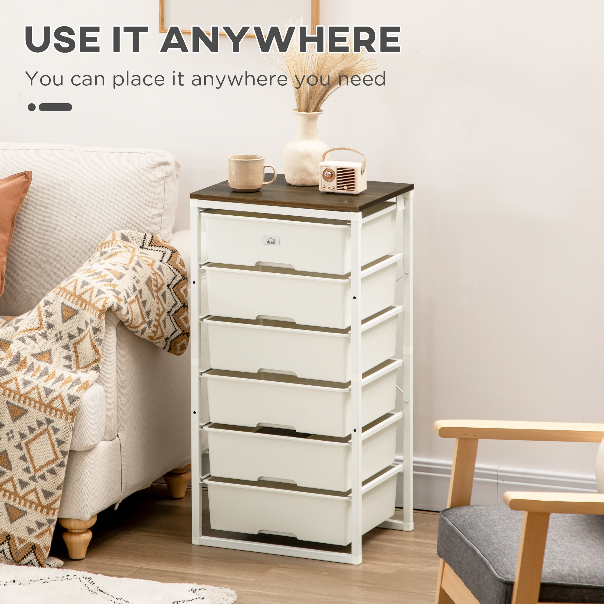 HOMCOM Bedroom Chest of Drawers, 6-Drawer Dresser, Tall Storage Drawer Unit with Steel Frame for Living Room, White 4