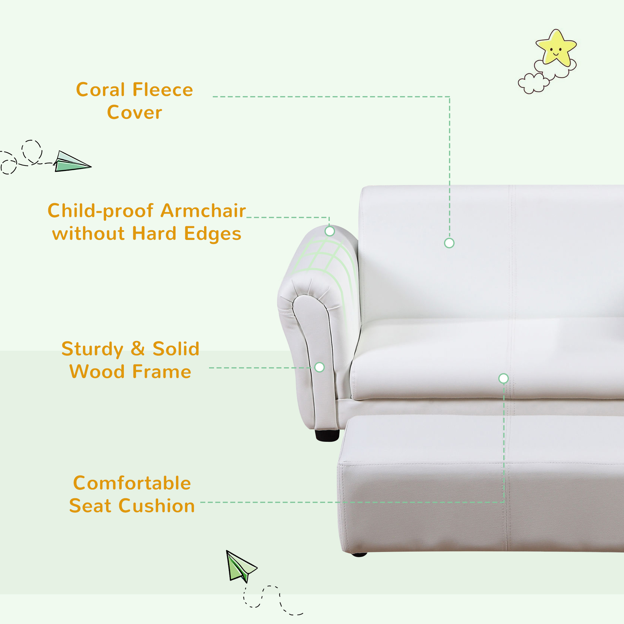 HOMCOM 2 Seater Toddler Chair Kids Twin Sofa Childrens Double Seat Chair Furniture Armchair Boys Girls Couch w/ Footstool (White) 6