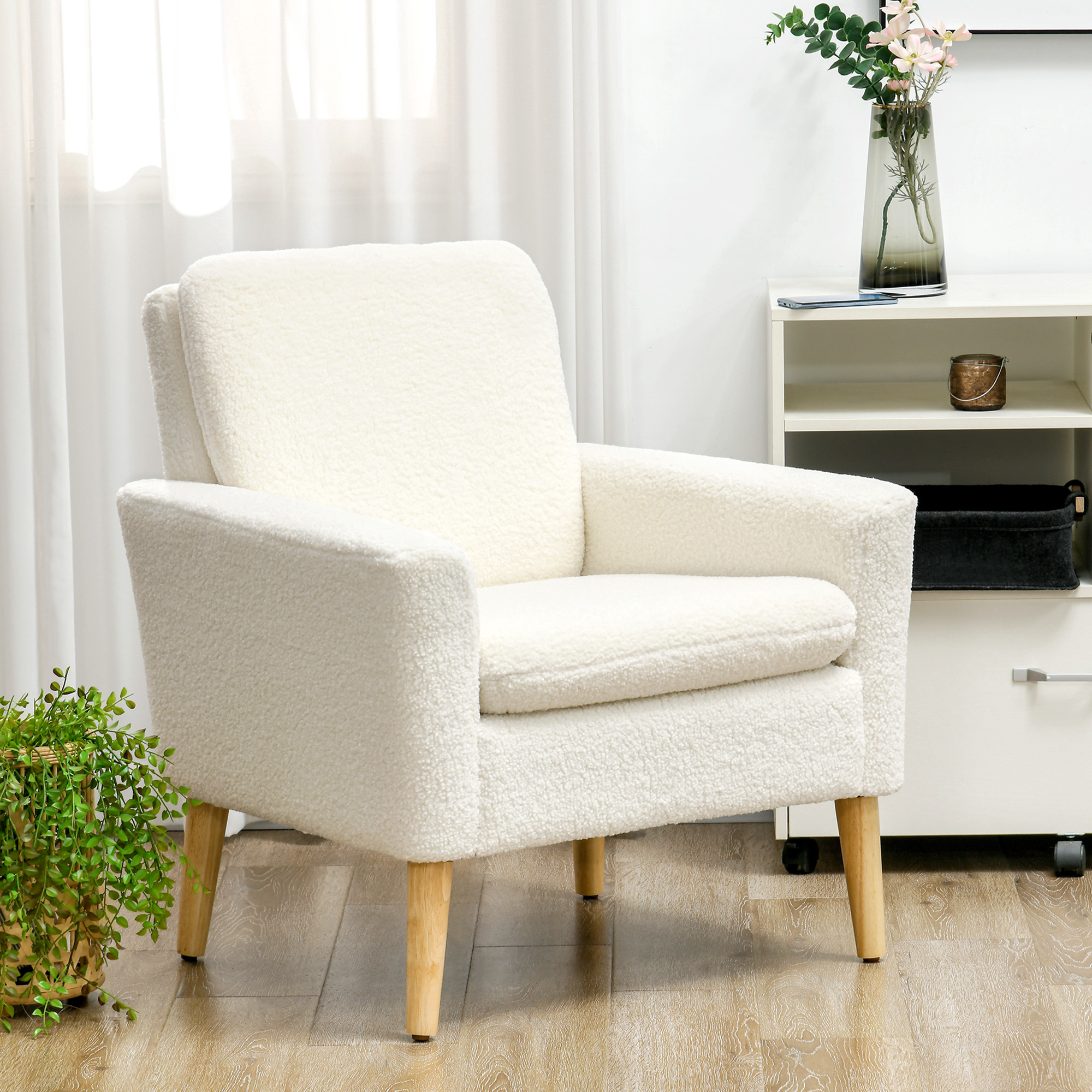 HOMCOM Armchair, Upholstered Accent Chair with Wood Legs and Wide Padded Seat, Teddy Occasional Chair, Cream White 2