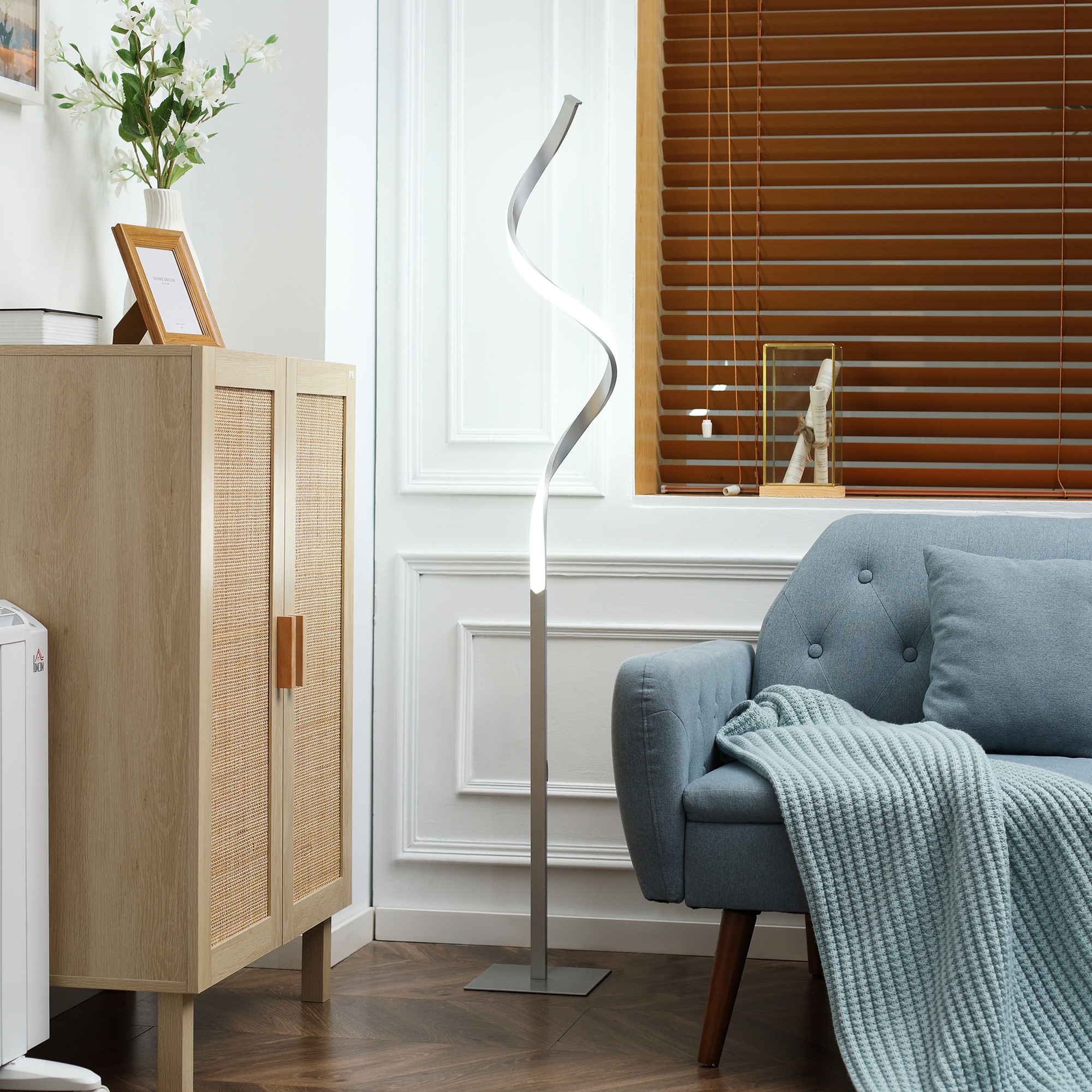HOMCOM Dimmable Floor Lamp for Living Room, Modern Spiral Standing Lamp with 3 Adjustable Brightness and Square Base, Silver 2