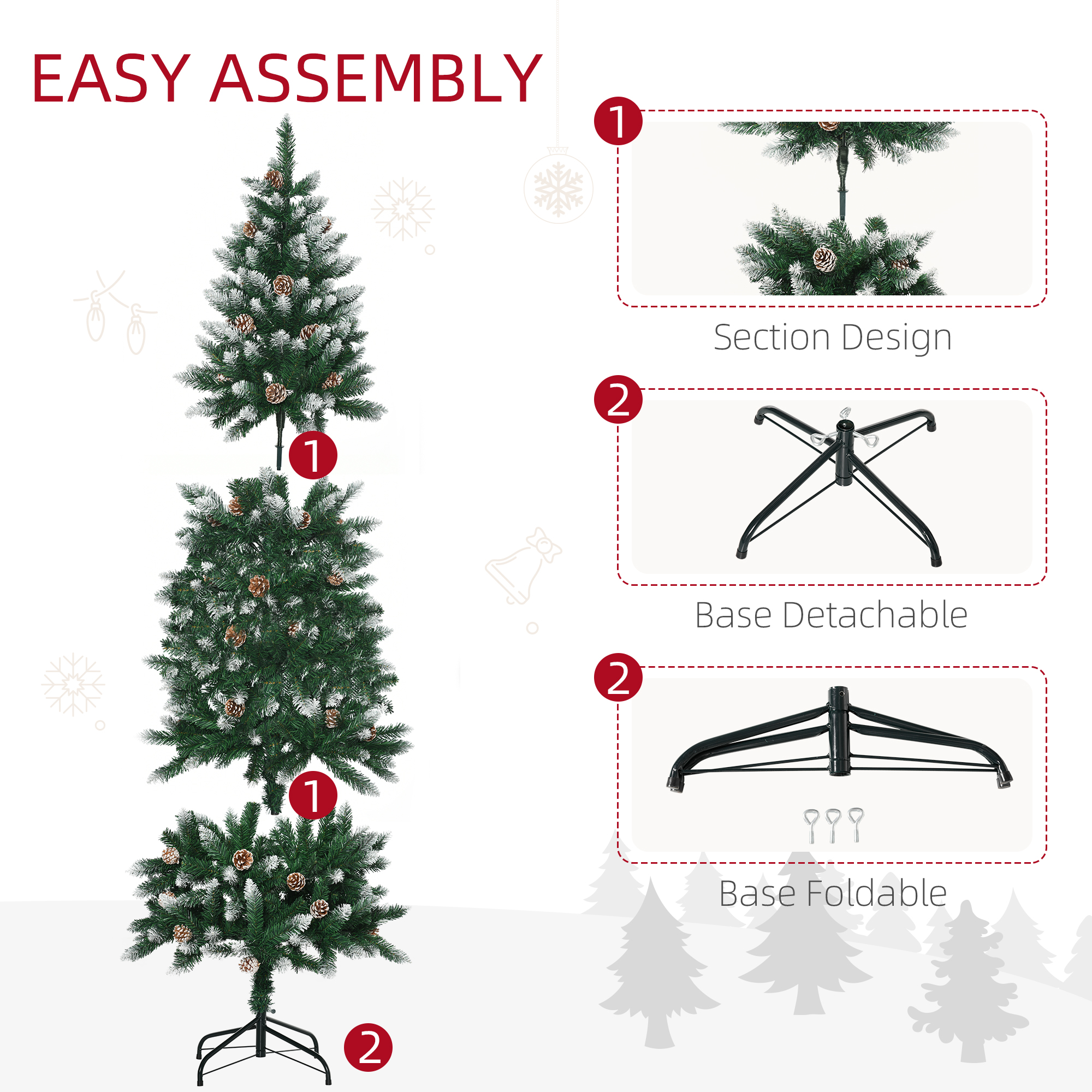 HOMCOM 6 Ft Snow Artificial Christmas Tree with Realistic Branches, Pine Cone, for Indoor Decoration, Green White 8