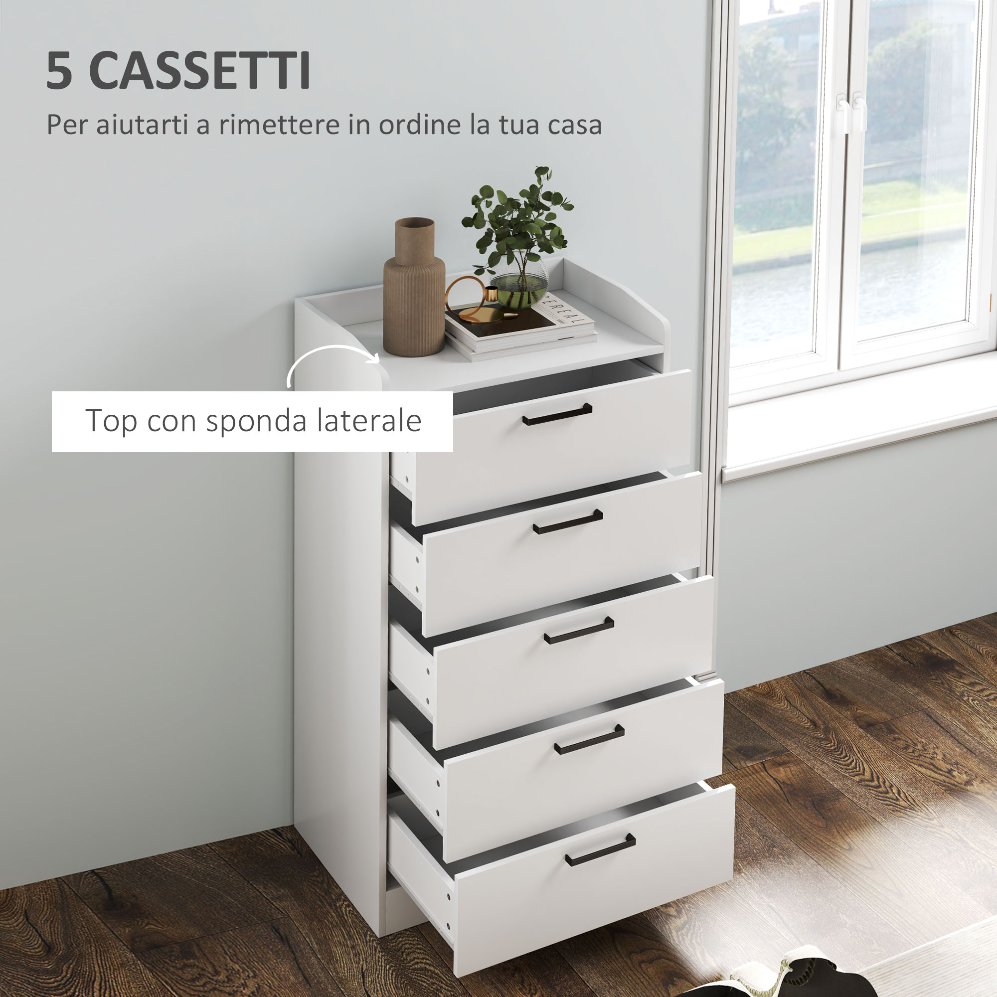 HOMCOM Cassettiera In Tessuto Con 5 Cassetti E Ripiani - Struttura In Metallo - Finitura Legno Naturale - 98x29x85 Cm