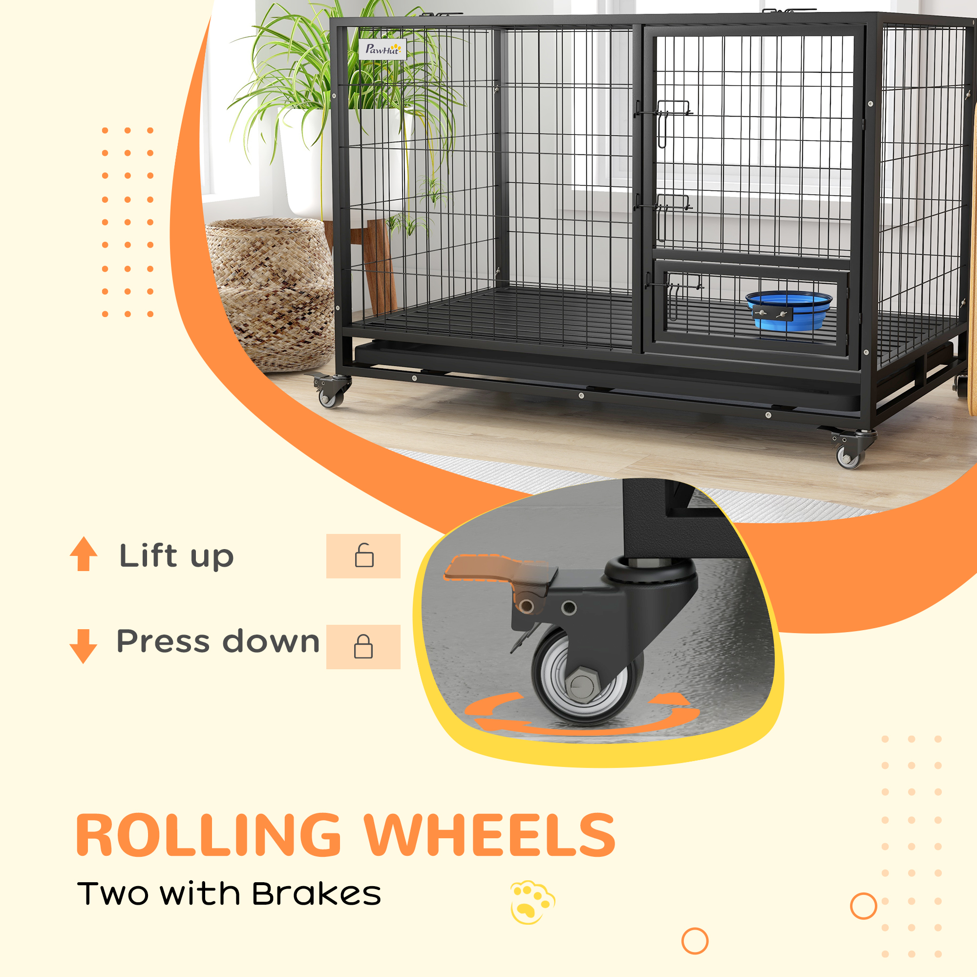 PawHut Heavy Duty Dog Crate on Wheels w/ Bowl Holder, Removable Tray, Openable Top, Detachable Door, for L, XL Dogs 9