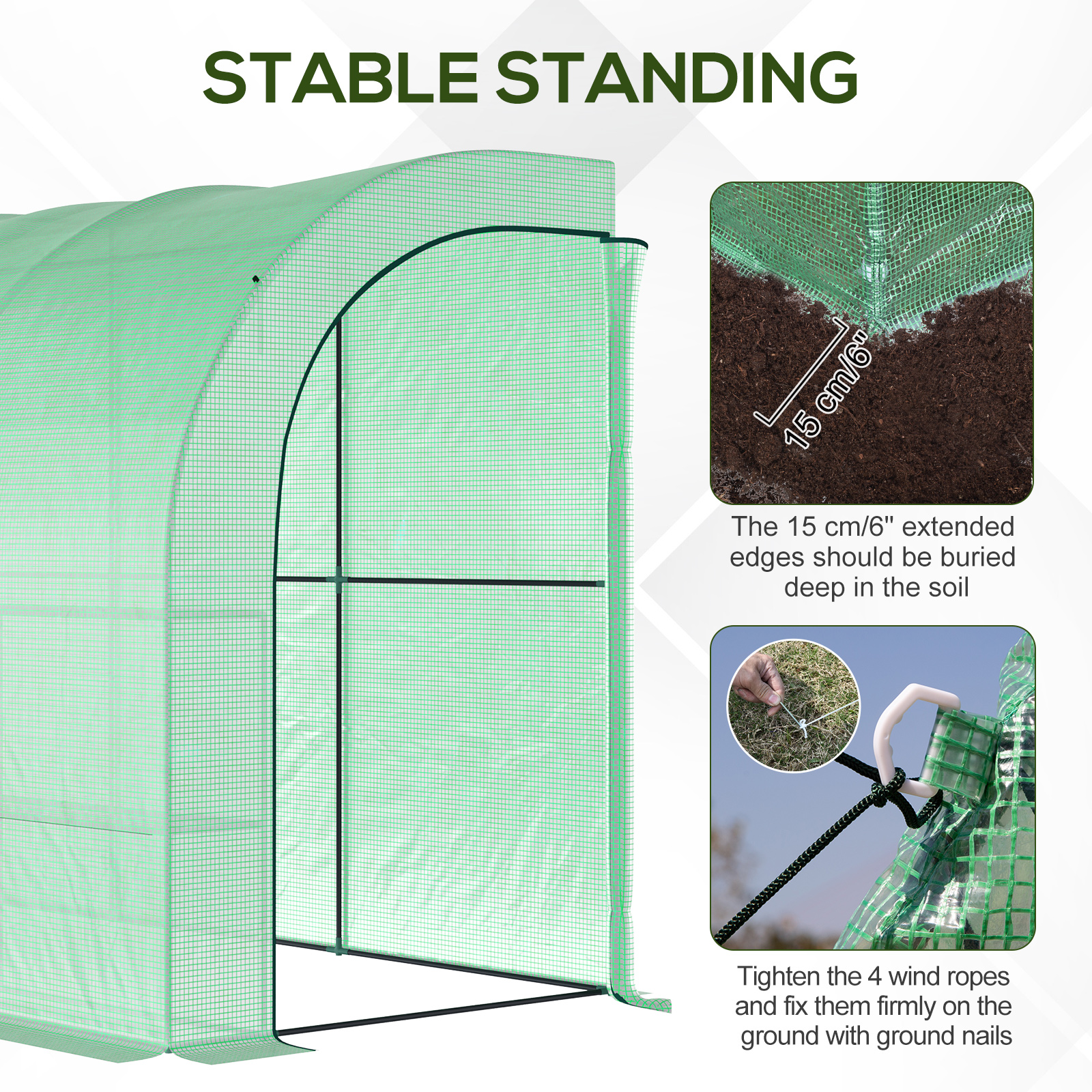 Outsunny Walk-In Lean to Greenhouse with Windows and Zippered Doors, 2 Tiers 6 Wired Shelves 300L x 150W x 213Hcm Green 4