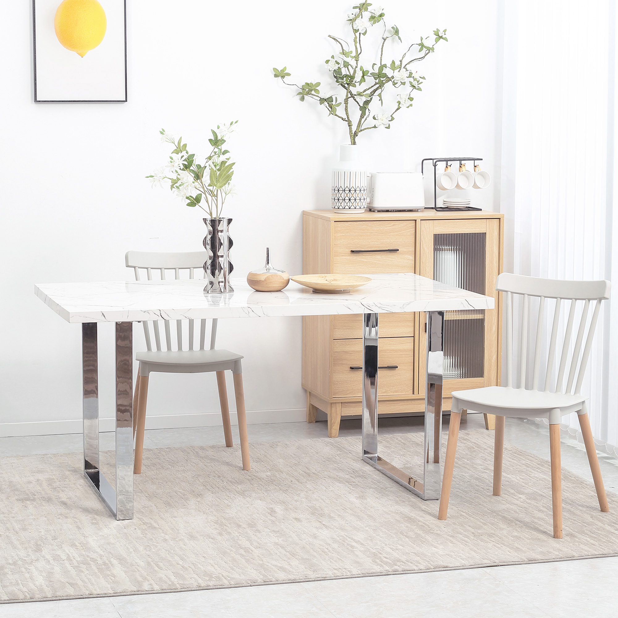 HOMCOM Modern Dining Room Table Rectangular Kitchen Table for 6-8 People with Marble Effect Tabletop Steel Legs 160 cm White 2