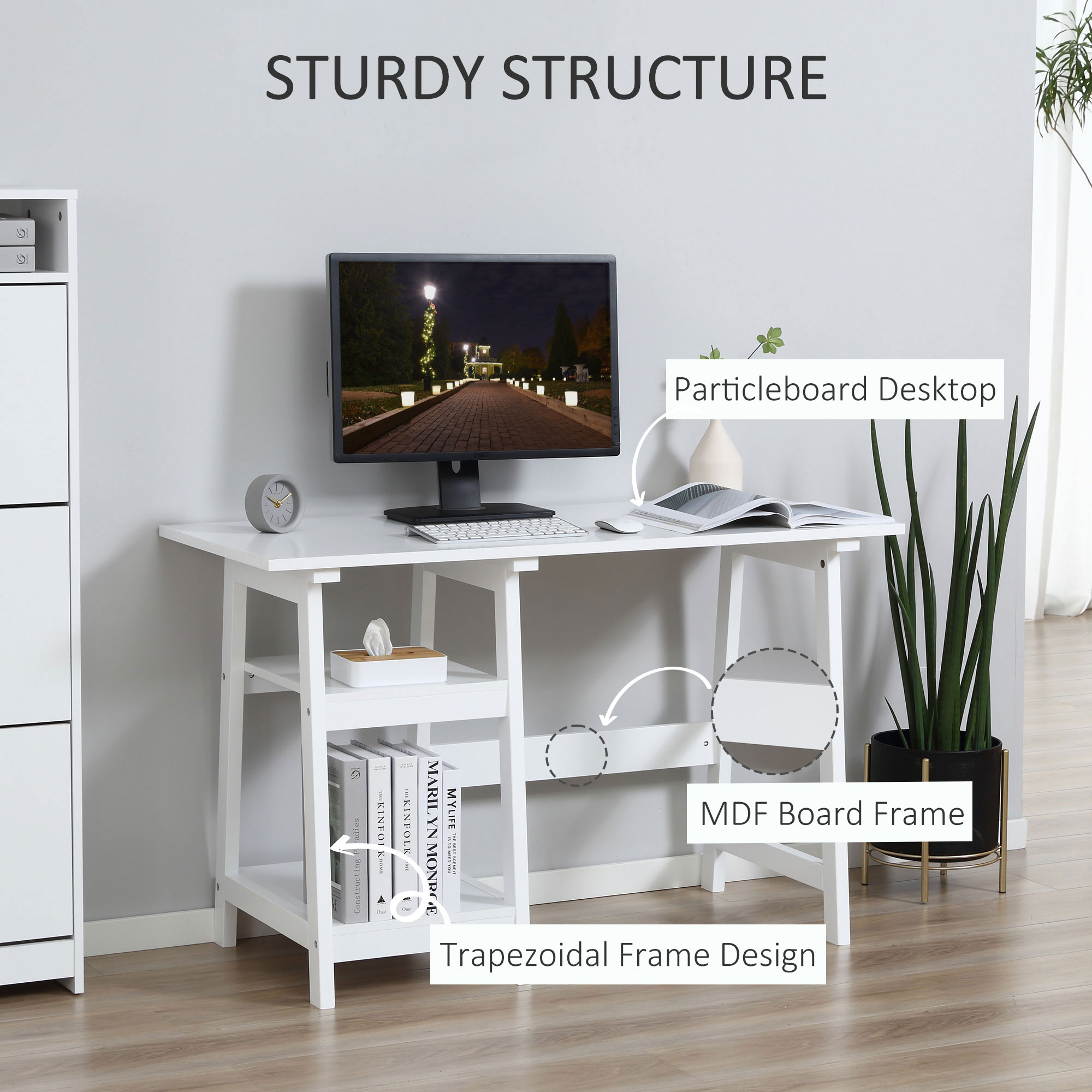 HOMCOM Compact Computer Desk with Storage Shelves, Study Table with Bookshelf, PC Table Workstation for Home Office, Study, Easy Assembly, 120 x 51cm, White 6
