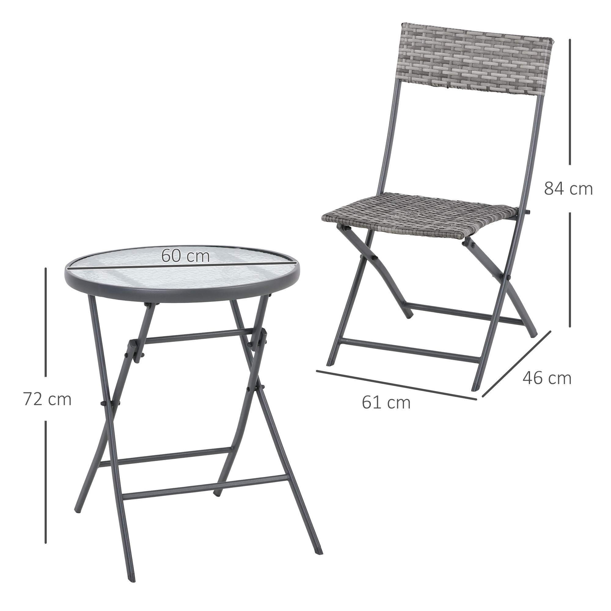 Outsunny 3 Pieces Rattan Bistro Set, Wicker Folding Garden Furniture Set with Glass Top Coffee Table and Chairs for Outdoor, Patio, Balcony, Grey 3