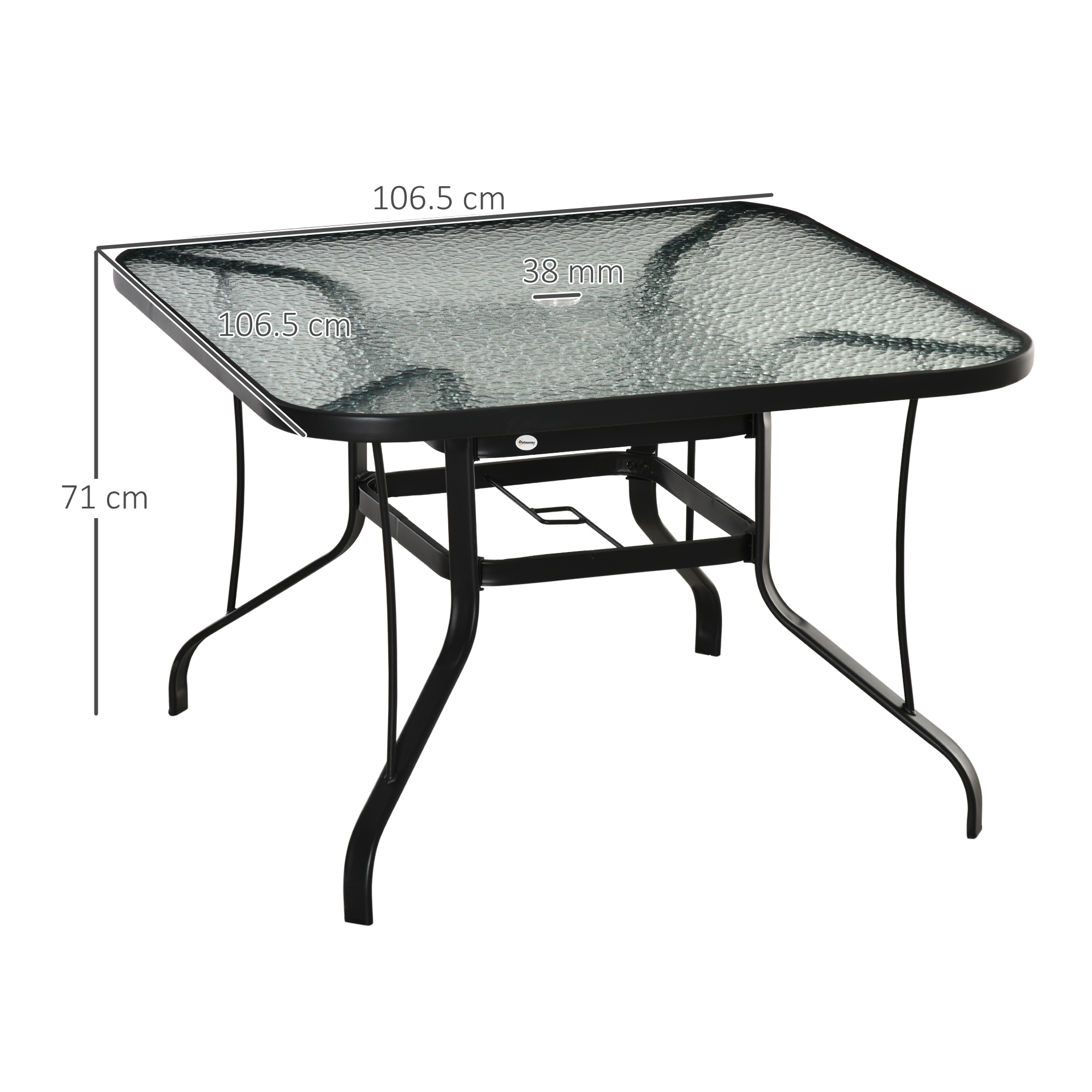 Outsunny Square Outdoor Garden Dining Table with Parasol Hole, Tempered Glass Top, Steel Frame for Garden, Lawn, Patio, Black 3