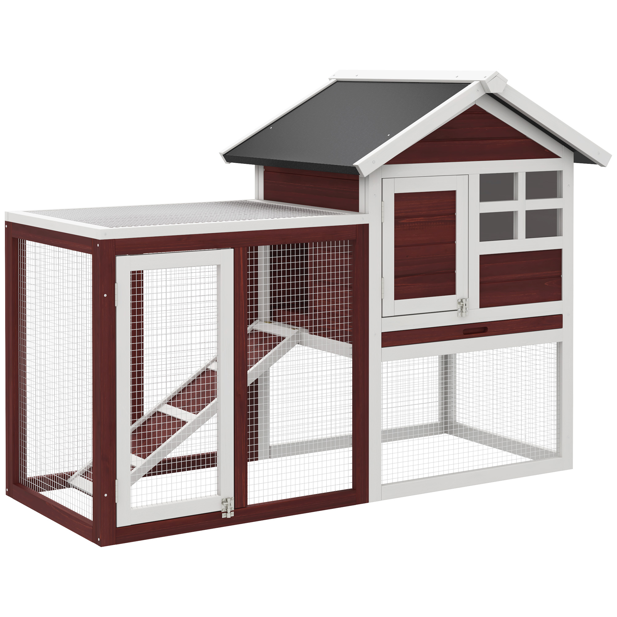 Pawhut Two-Tier Double Decker Wooden Guinea Pigs Hutches Pet Cage 136.4Lx50Wx93H cm-Brown/White