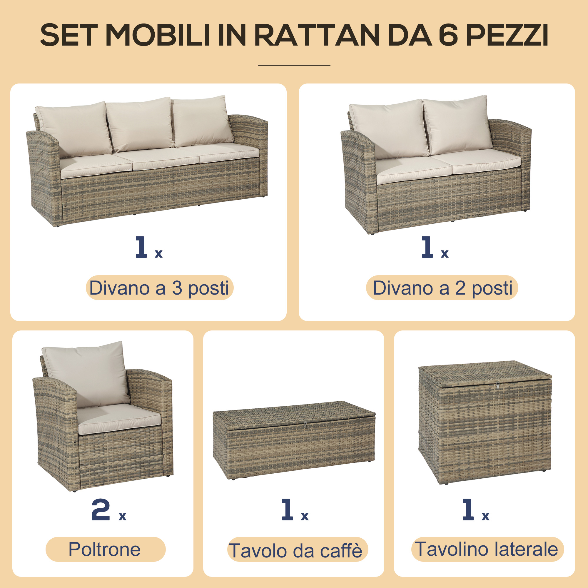 Tidyard Set Divani Da Giardino Modulari In Bambù, 6 Pezzi Con Penisola, Poltrona E Tavolino, Cuscini Bianco Crema