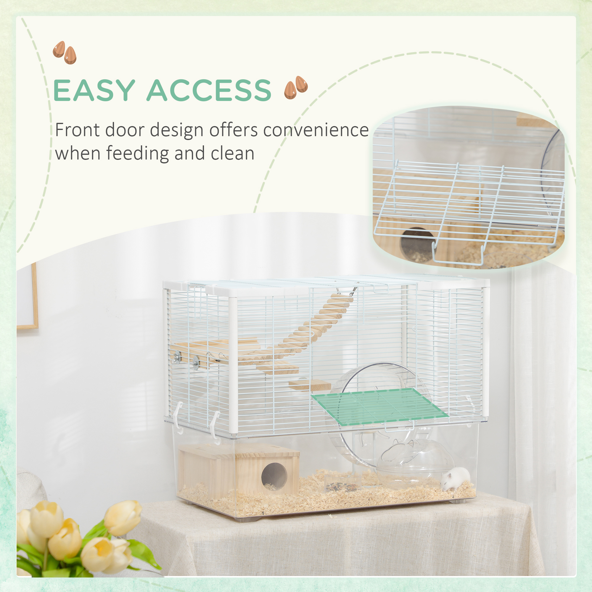 PawHut Hamster Cage, Gerbil Cage with Wooden Ramp, Exercise Wheel, Food Bowl White 6