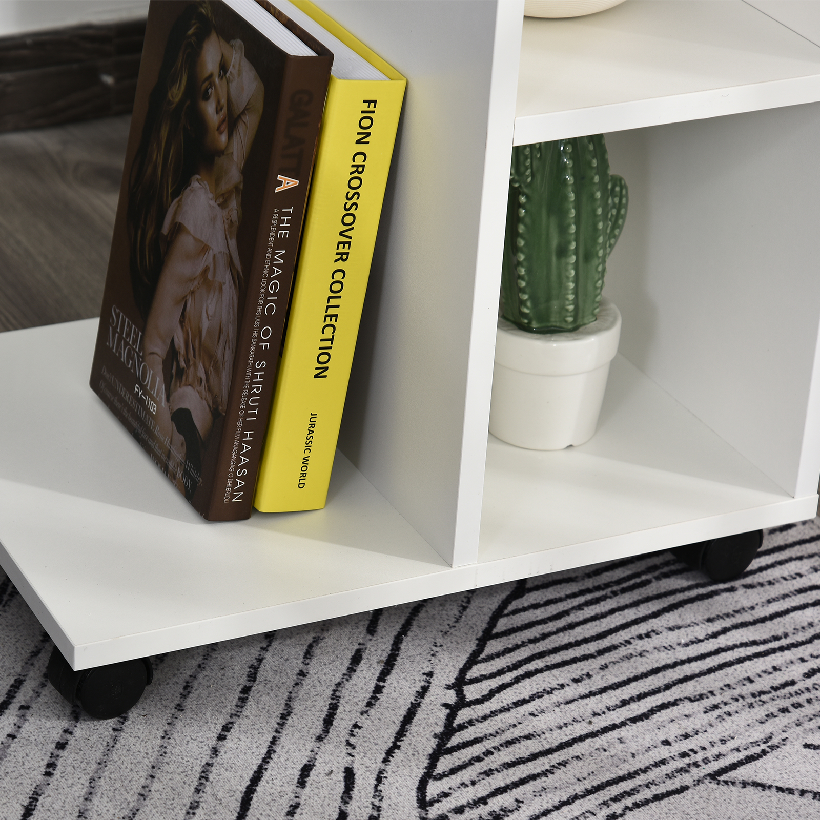 HOMCOM C-Shape End Table Unique Storage Unit w/ 2 Shelves 4 Wheels Freestanding Home Furniture Cabinet Square White 7