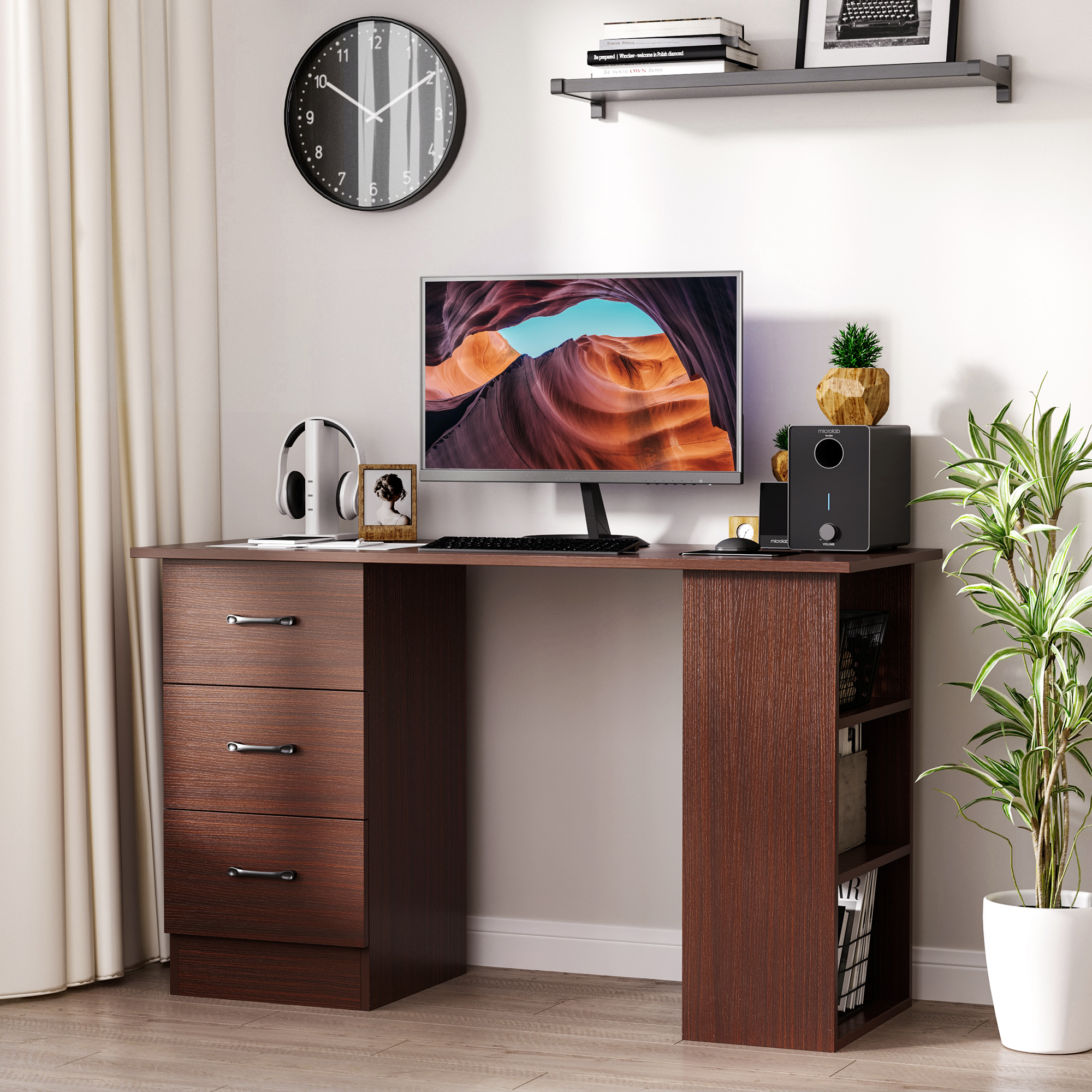HOMCOM Computer Desk, Writing Table, PC Workstation with 3 Storage Shelves and Drawers, Black Handle, for Home Office, Walnut Brown 2