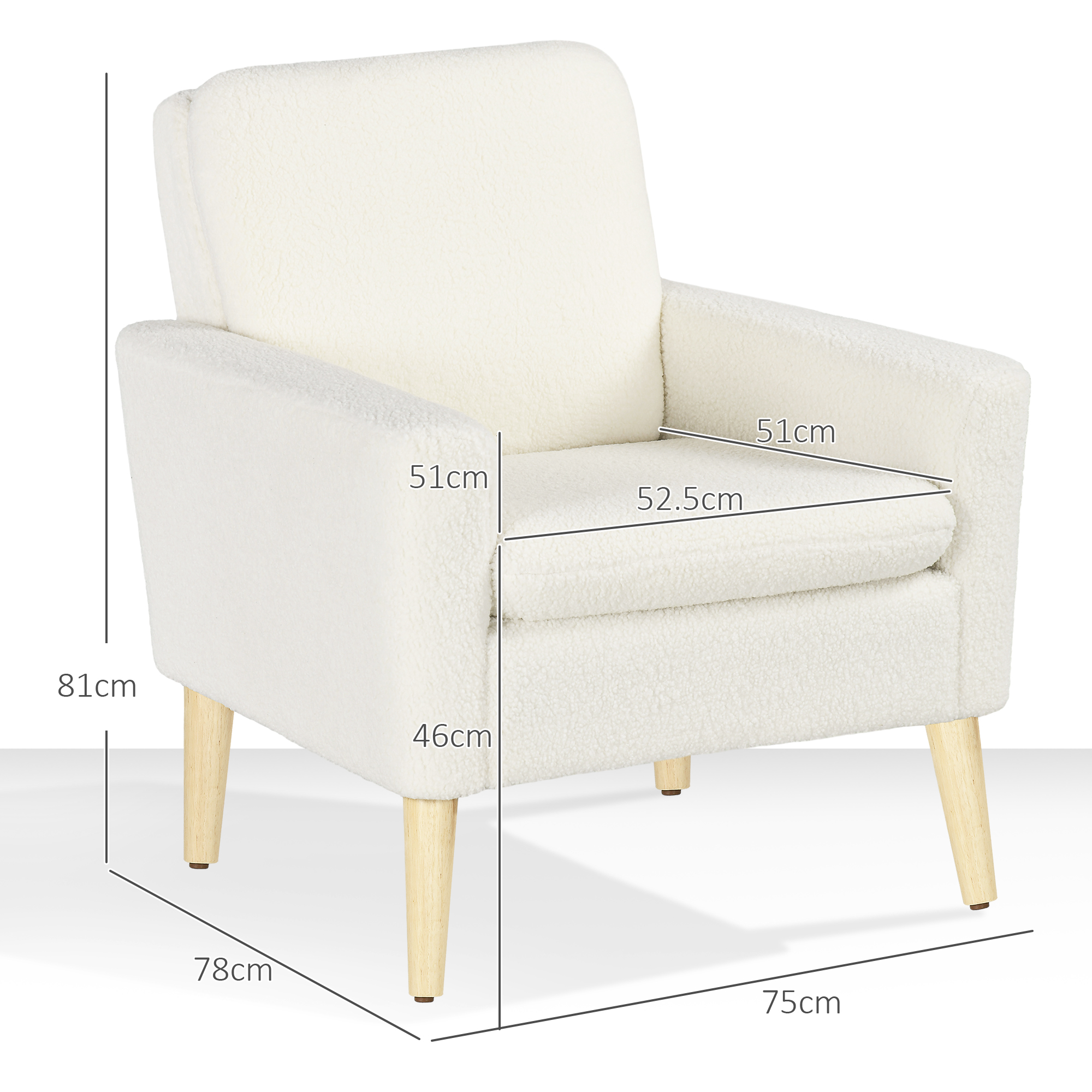 HOMCOM Armchair, Upholstered Accent Chair with Wood Legs and Wide Padded Seat, Teddy Occasional Chair, Cream White 3