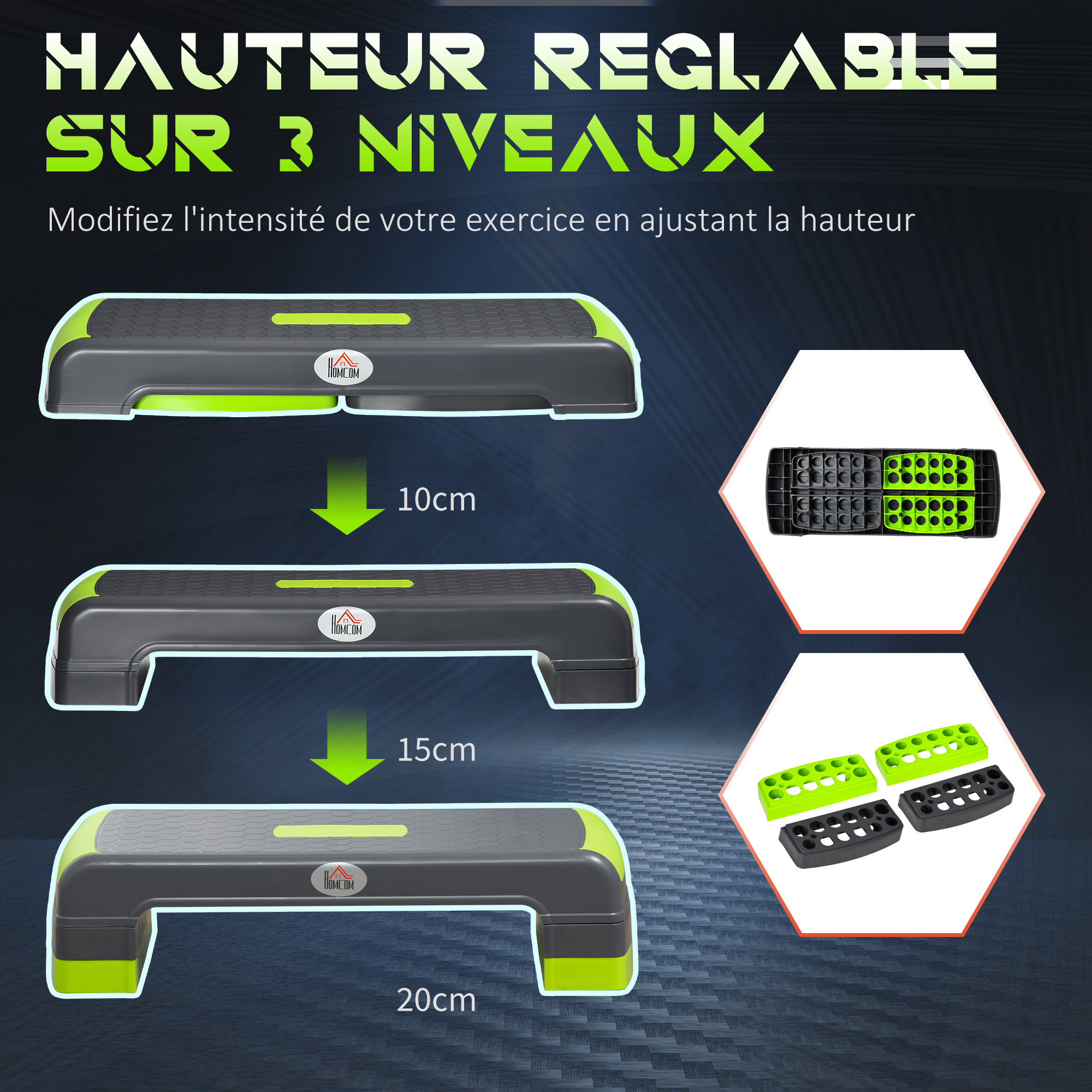 Step Aérobic Physionics® Réglable 3 Niveaux - Planche Fitness Antidérapante