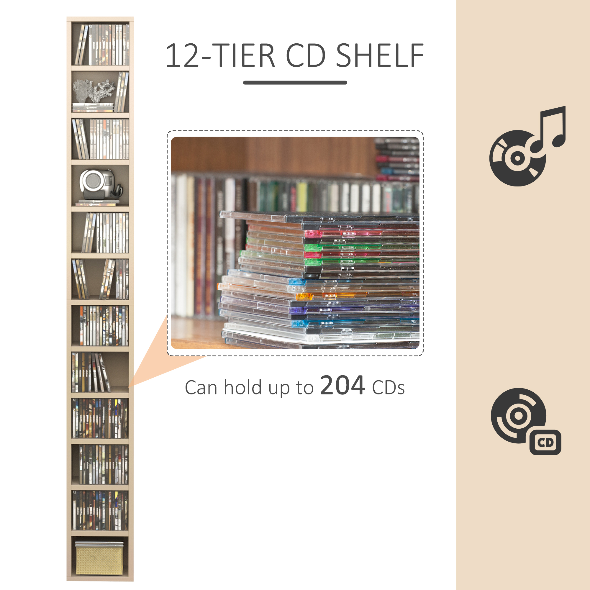 HOMCOM 204 CD Tall Narrow Media Storage Tower Oak Tone 4