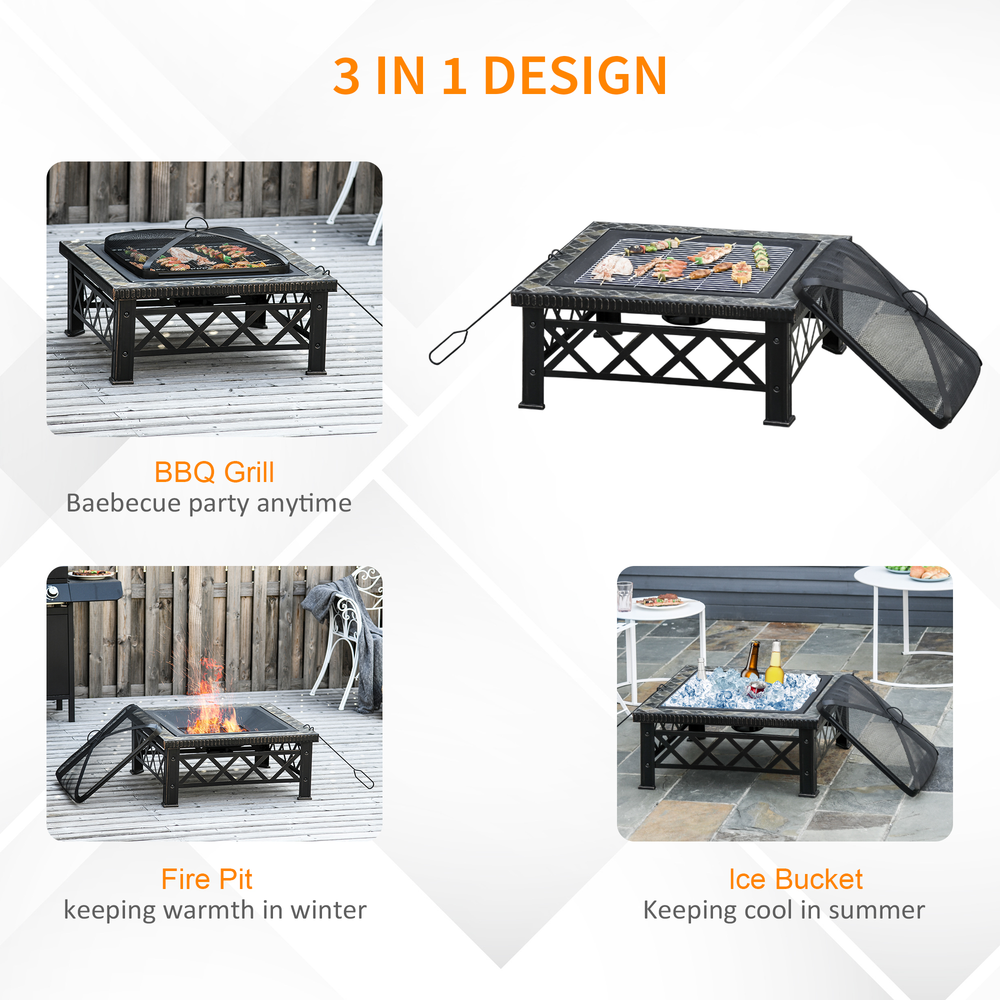 Outsunny Large Outdoor Fire Pit Table, 3 in 1 Square Wood Burning Firepit Metal Brazier, BBQ Grill, Ice Bucket w/ Grill Grate, Log Grate, Lid, Poker for Garden, Camping, Bonfire, 76 x 76 x 47cm, Black 4