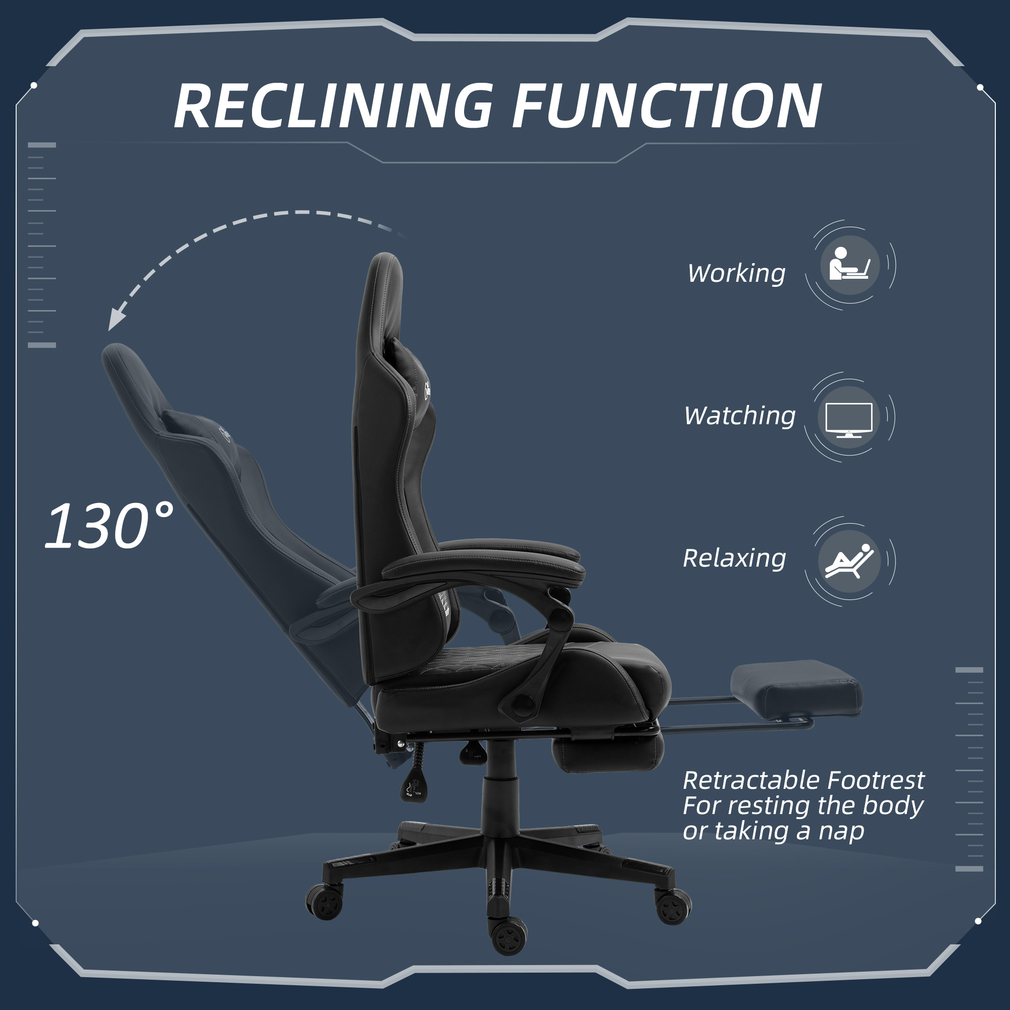 Vinsetto Computer Gaming Chair with Footrest, Video Gaming Chair for Adults with 130° Reclining Back, Desk Chair with Lumbar Support and Adjustable Height, Black 5
