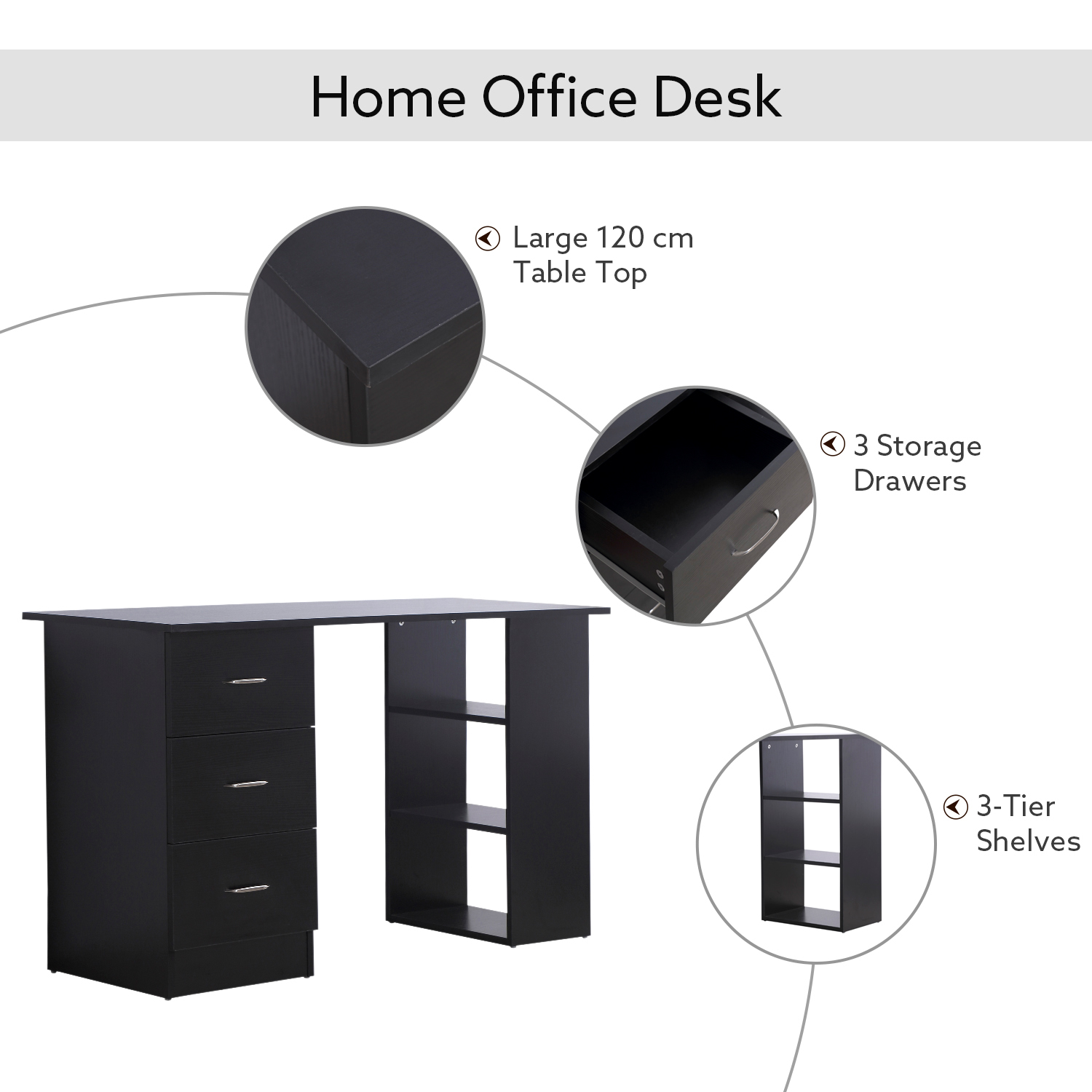 HOMCOM Computer Desk, Writing Table, PC Workstation with 3 Storage Shelves and Drawers, Silver Handle, for Home Office, Black 4