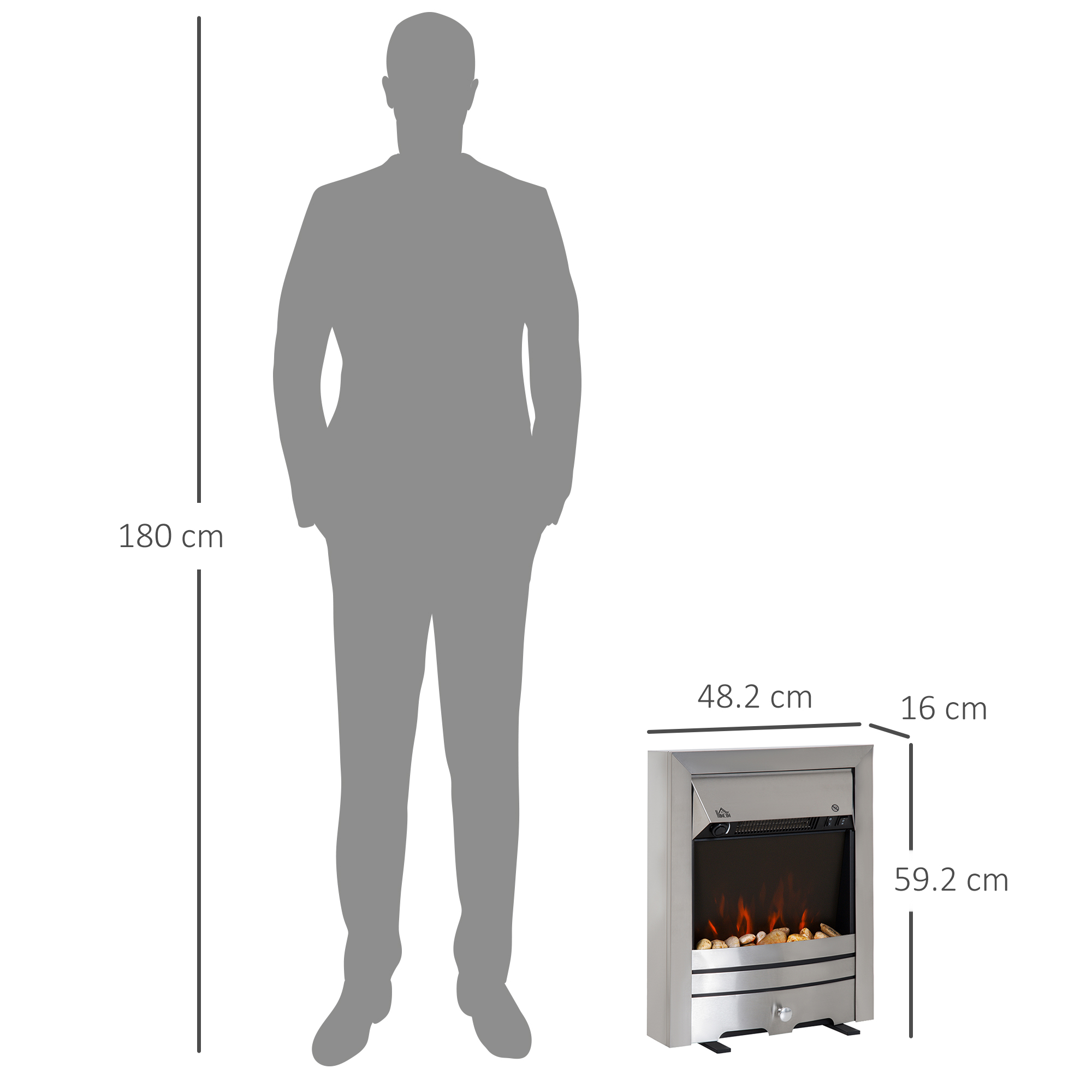 HOMCOM 2KW Stainless Steel Electric Fireplace Pebble Burning Effect Heater Fire Flame Indoor Stove LED Lighting 3