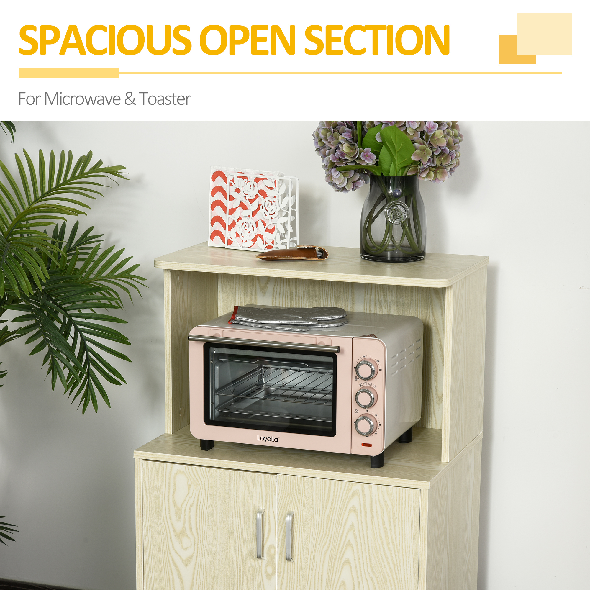HOMCOM Kitchen Storage Unit, Modern Microwave Stand Trolley Cart, Sideboard with Cabinet,  Locking Wheels, Shelf for Living Room, Dining Room, Oak Tone 5