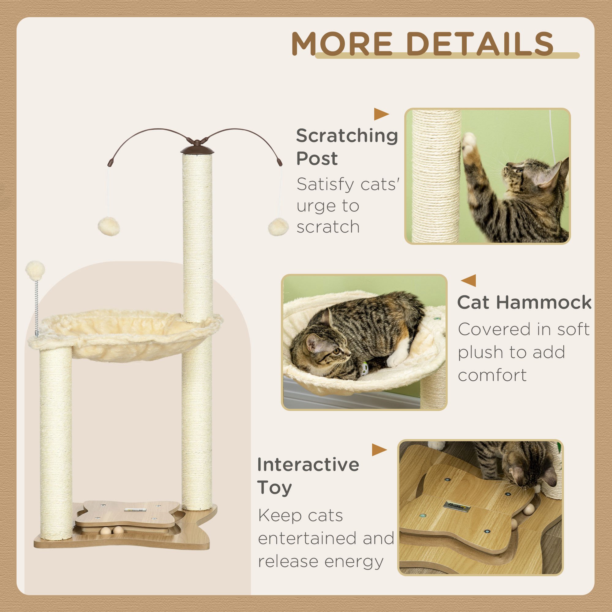 PawHut Cat Tree, with Scratching Posts, Hammock, Toy Ball Beige 5