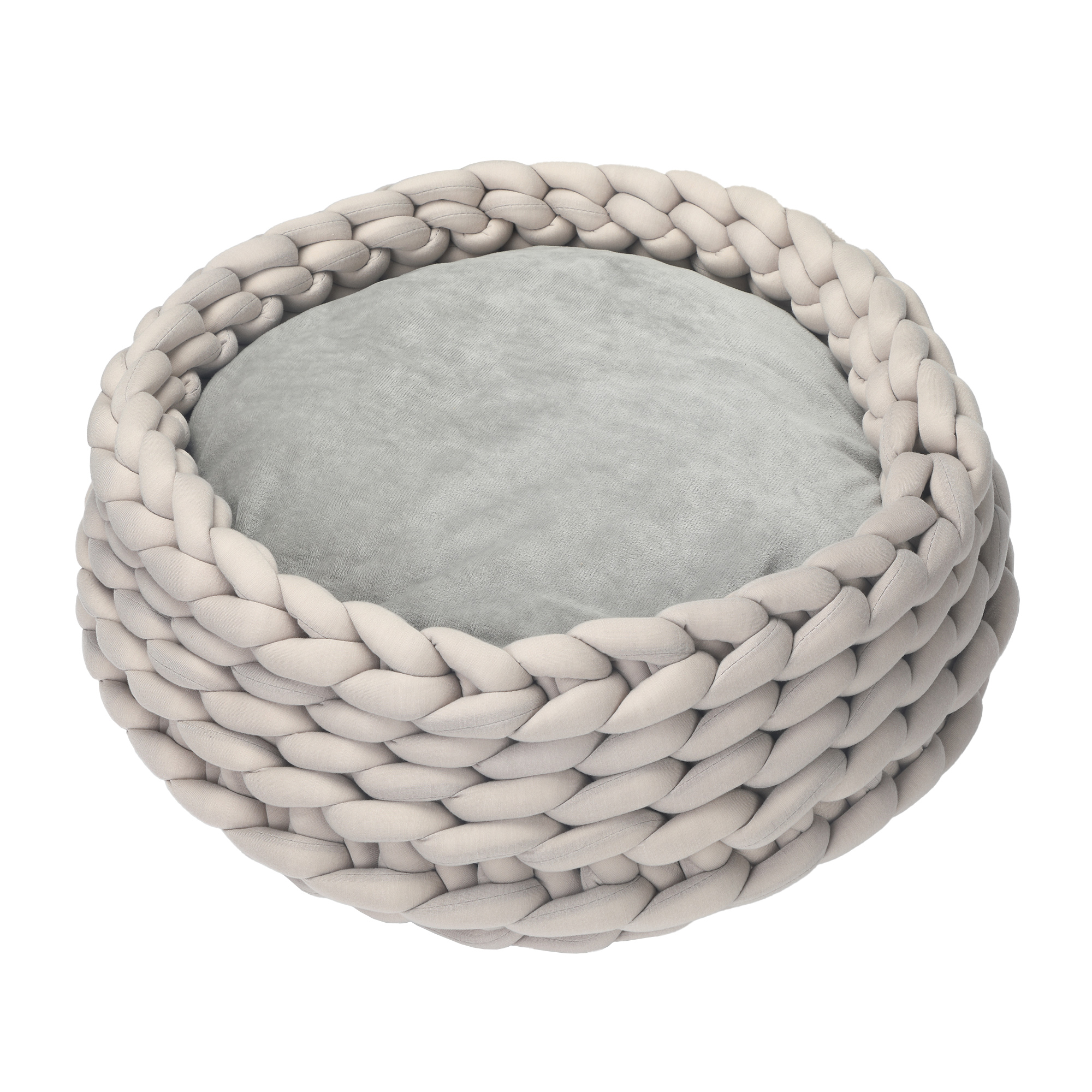 Meilleurs prix pour Panier pour chien chat Ø50 x 19H cm effet tressé tricot - coussin amovible et lavable en machine - polyester gris