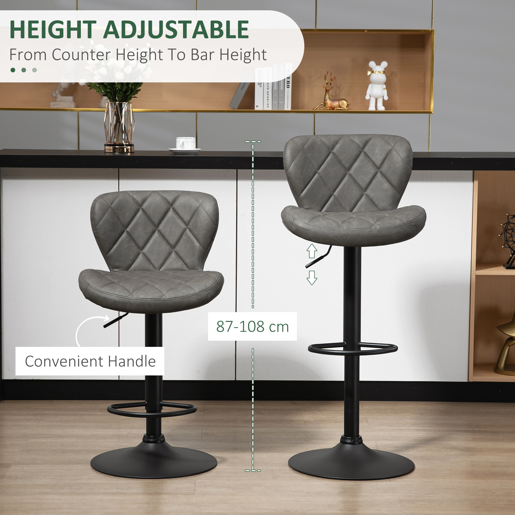 HOMCOM Bar Stools, Set of 2 Breakfast Bar Chairs, Swivel Barstools with Backrest and Footrest, Steel Frame Diamond Pattern PU, for Kitchen Counter, Dining Room, Dark Grey 5