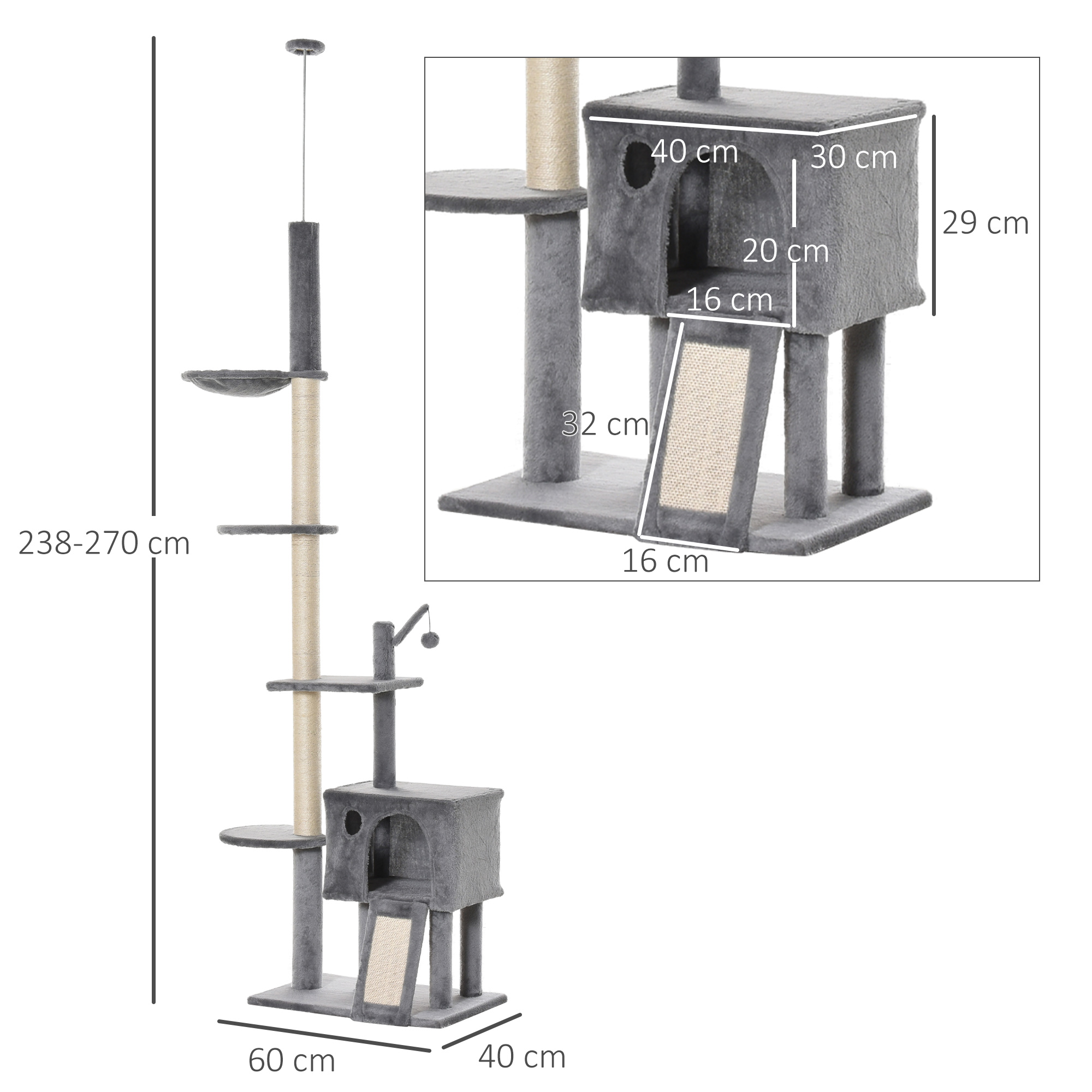 PawHut 270cm Floor To Ceiling Cat Tree Cat House Scratching Post for Indoor Cats Hammock Hanging Ball Activity Center Grey 3