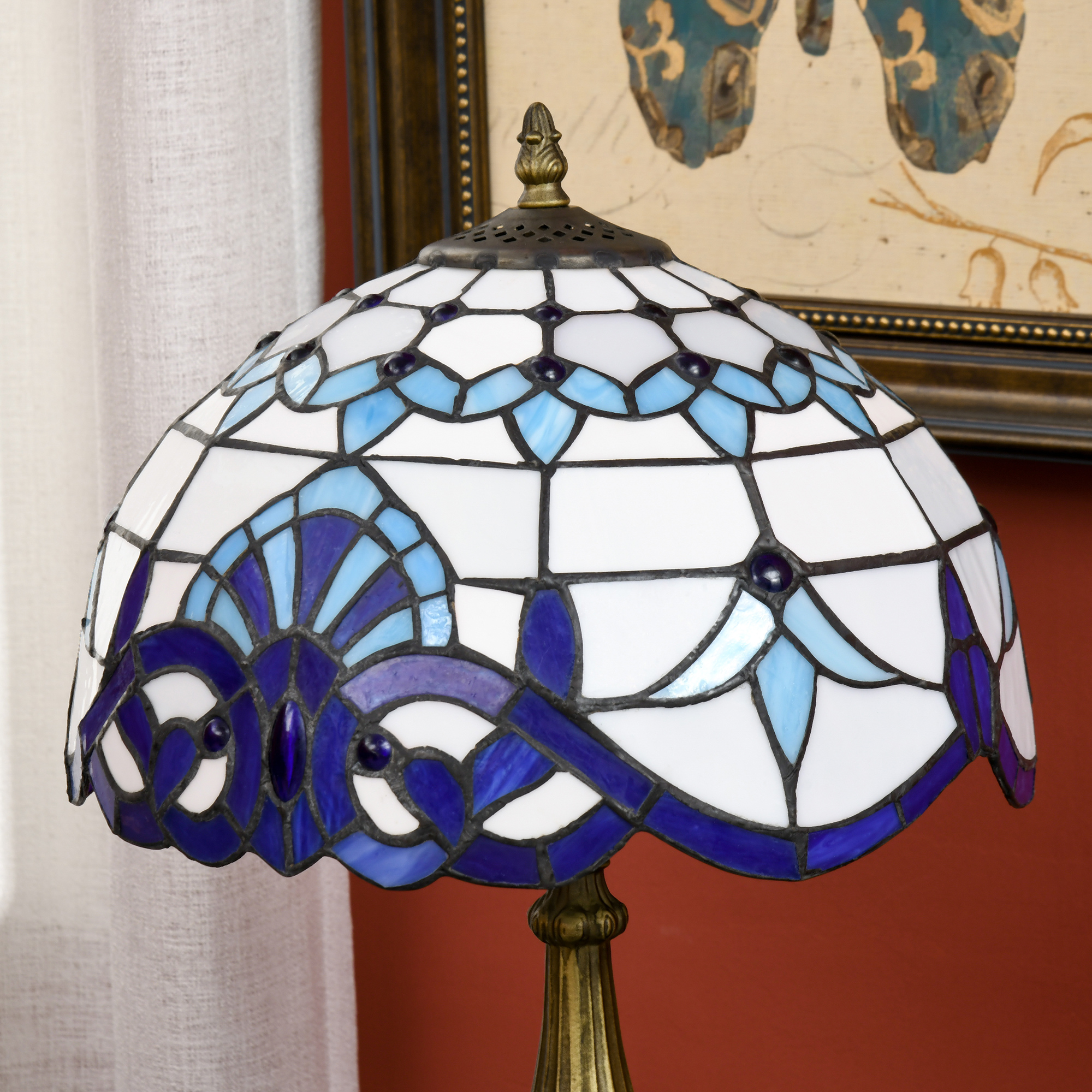 HOMCOM Stained Glass Table Lamp, Handmade Antique Bedside Lamp for Bedroom, Living room, Home, Nightstand, Decorative Night Light, Blue 8