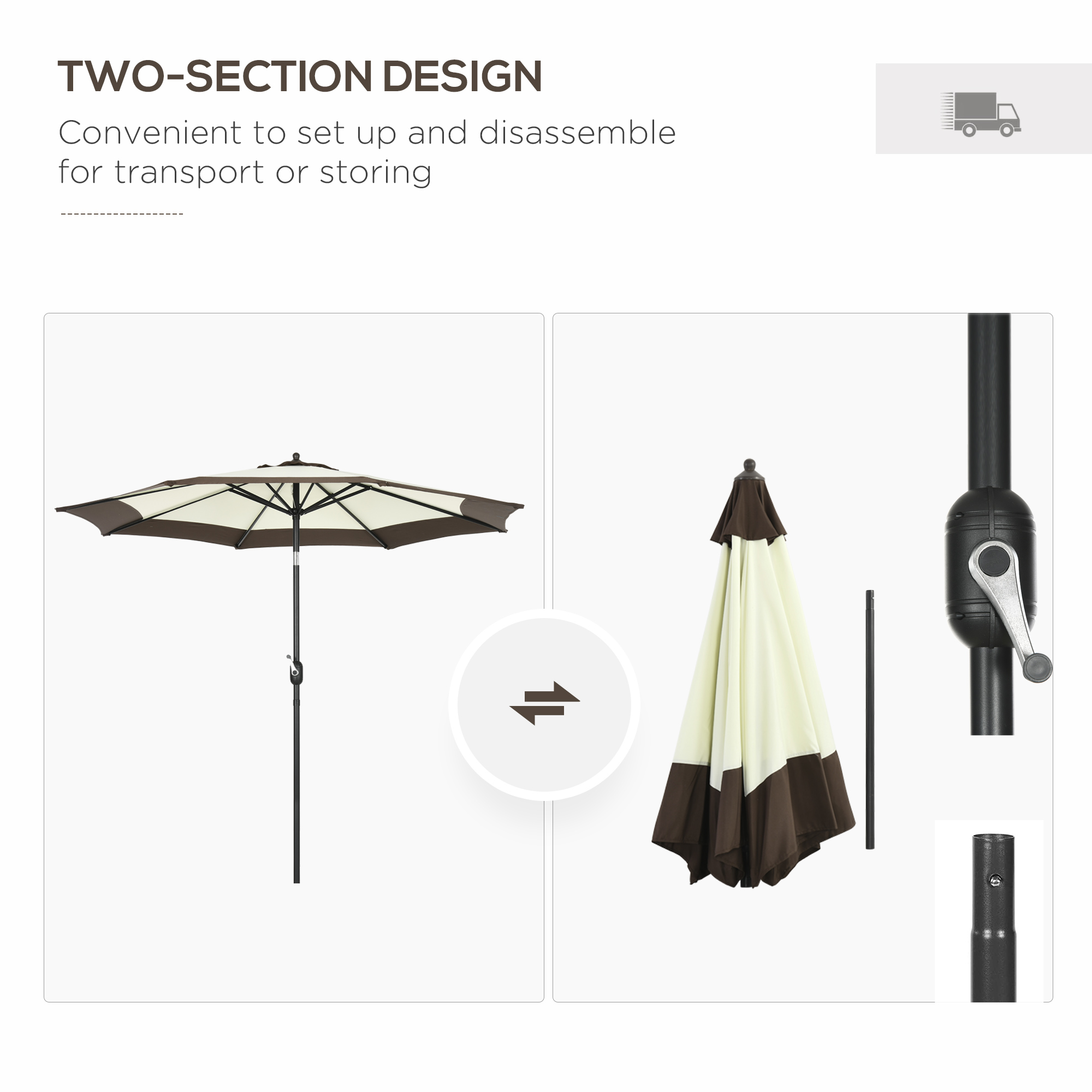 Outsunny 2.7m Garden Parasol Umbrella with 8 Metal Ribs, Tilt and Crank, Outdoor Sunshades for Garden, Patio, Beach, Yard, Coffee 8