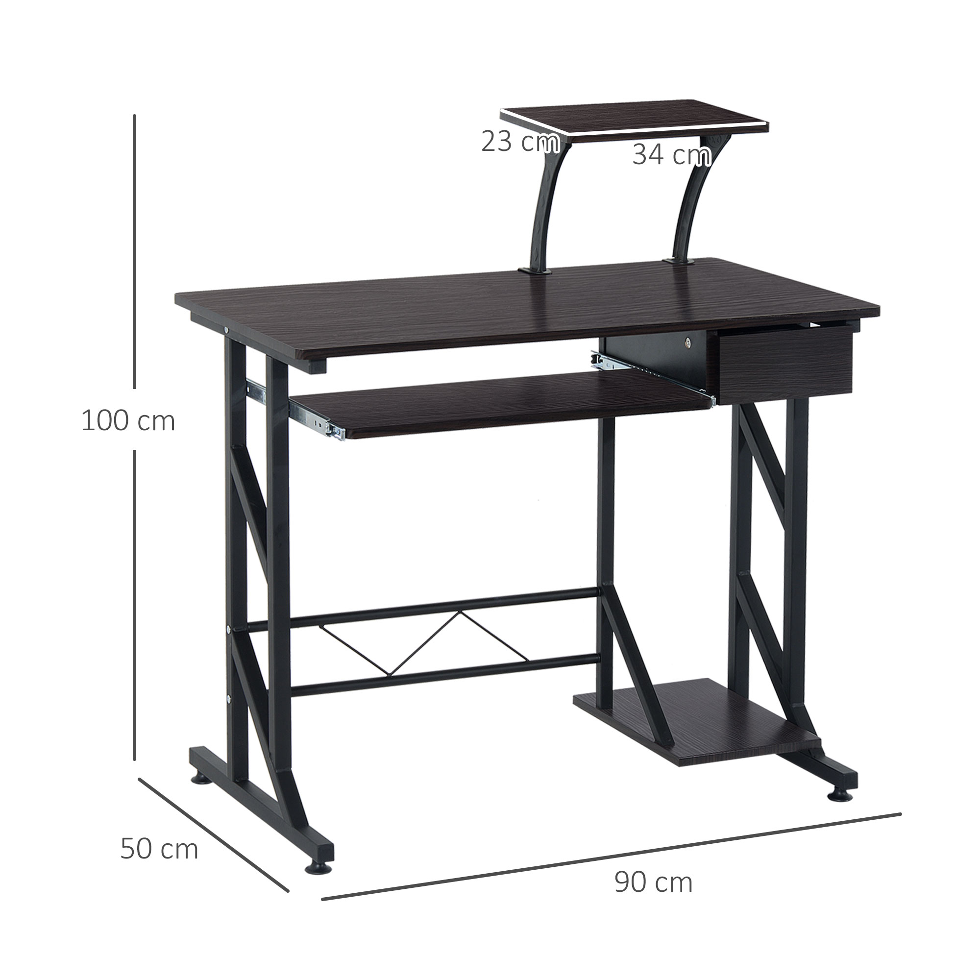 HOMCOM Computer Desk with Display Stand, Sliding Keyboard Tray Drawer and Host Box Shelf Home Office Workstation Dark Brown 3