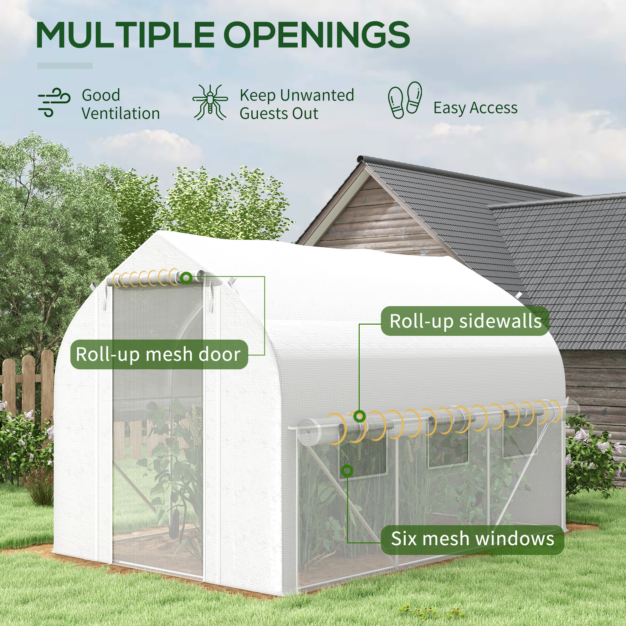 Outsunny 3 x 2(m) Walk-in Polytunnel Greenhouse, Zipped Roll Up Sidewalls, Mesh Door, 6 Mesh Windows, Tunnel Warm House Tent with PE Cover, Complimentary Plant Labels and Gloves, White 4