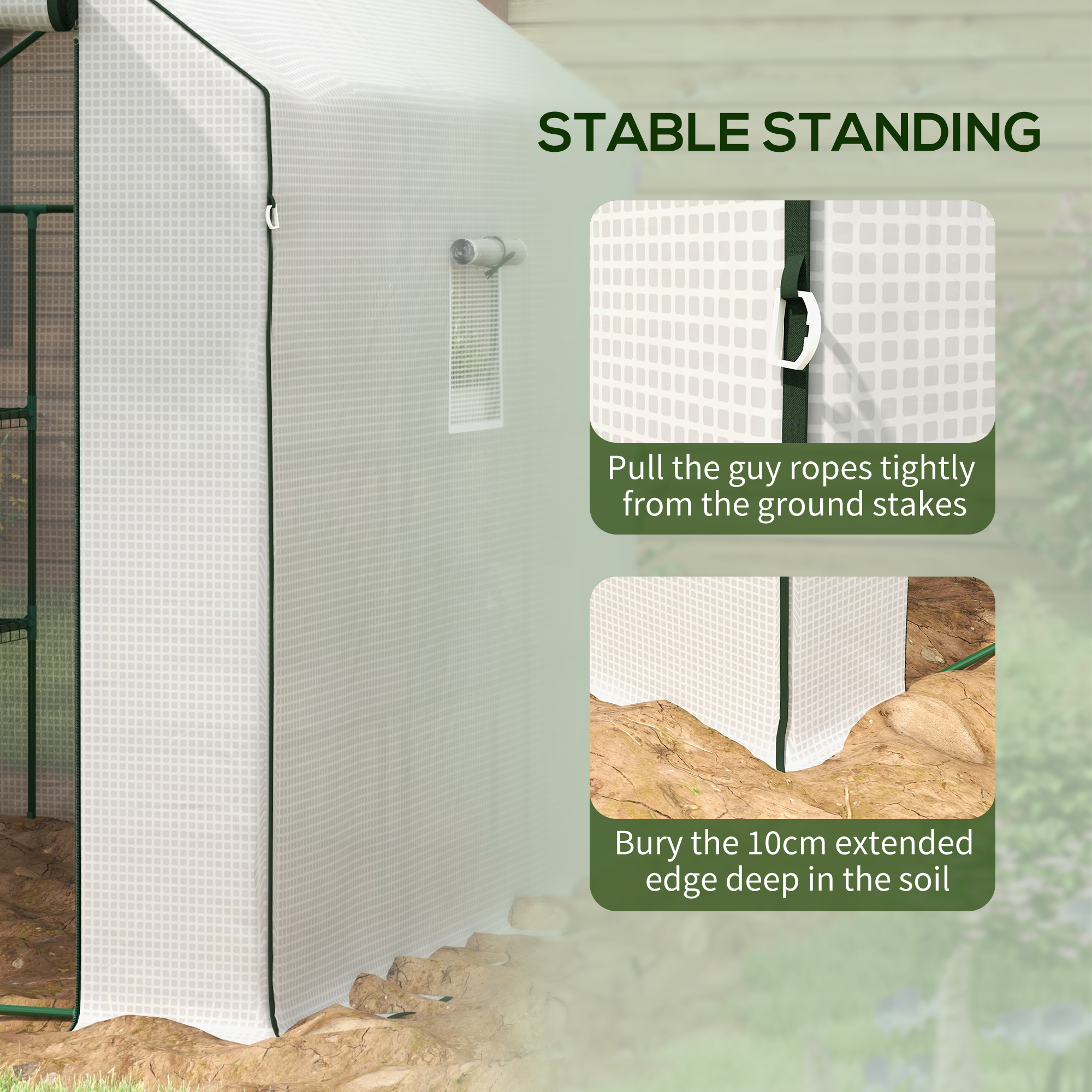 Outsunny Walk-in Greenhouse with 3 Tier 12 Shelves, Small Greenhouse with Reinforced PE Cover, Garden Plant Growhouse with Roll-up Door and Three Mesh Windows, 140 x 213 x 190 cm, White 7