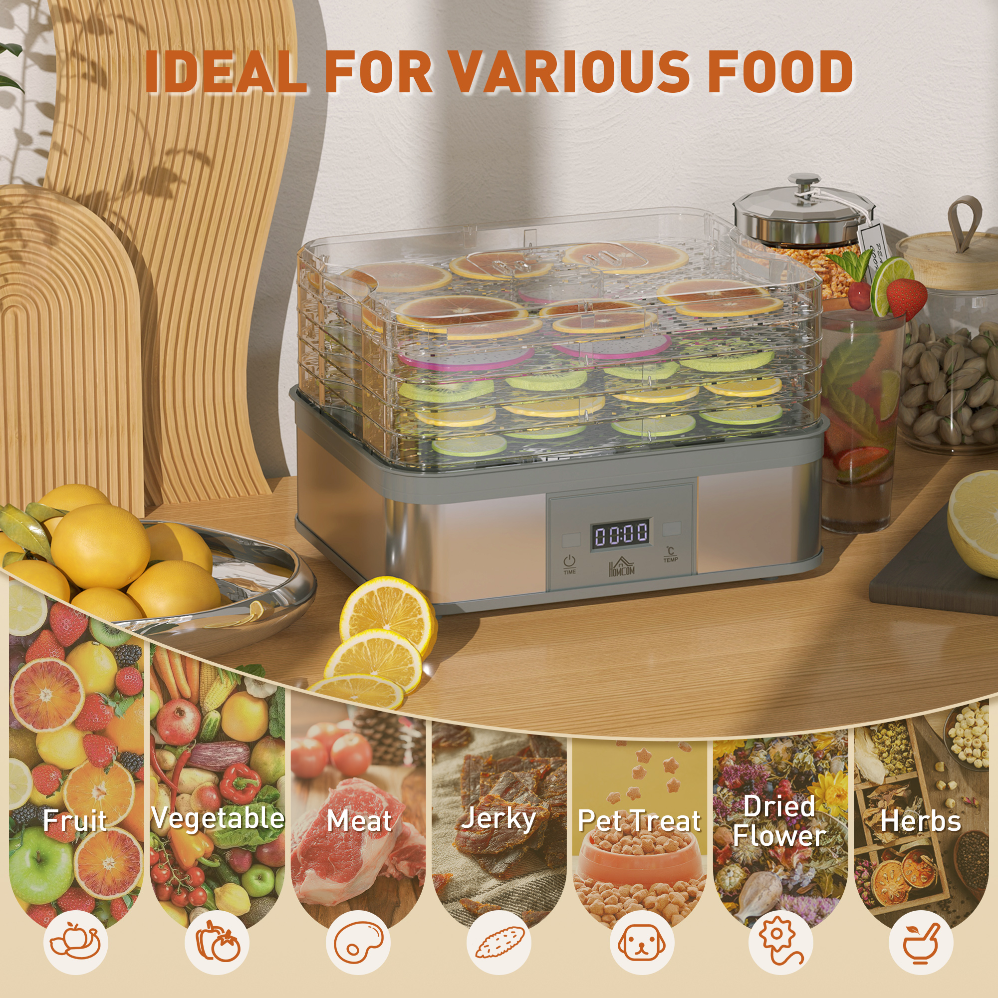 HOMCOM 5 Tier Food Dehydrator, 245W Stainless Steel Food Dryer Machine with Adjustable Temperature, Timer and LCD Display for Drying Fruit, Meat, Vegetable, Jerky and Pet Treat, Grey 4