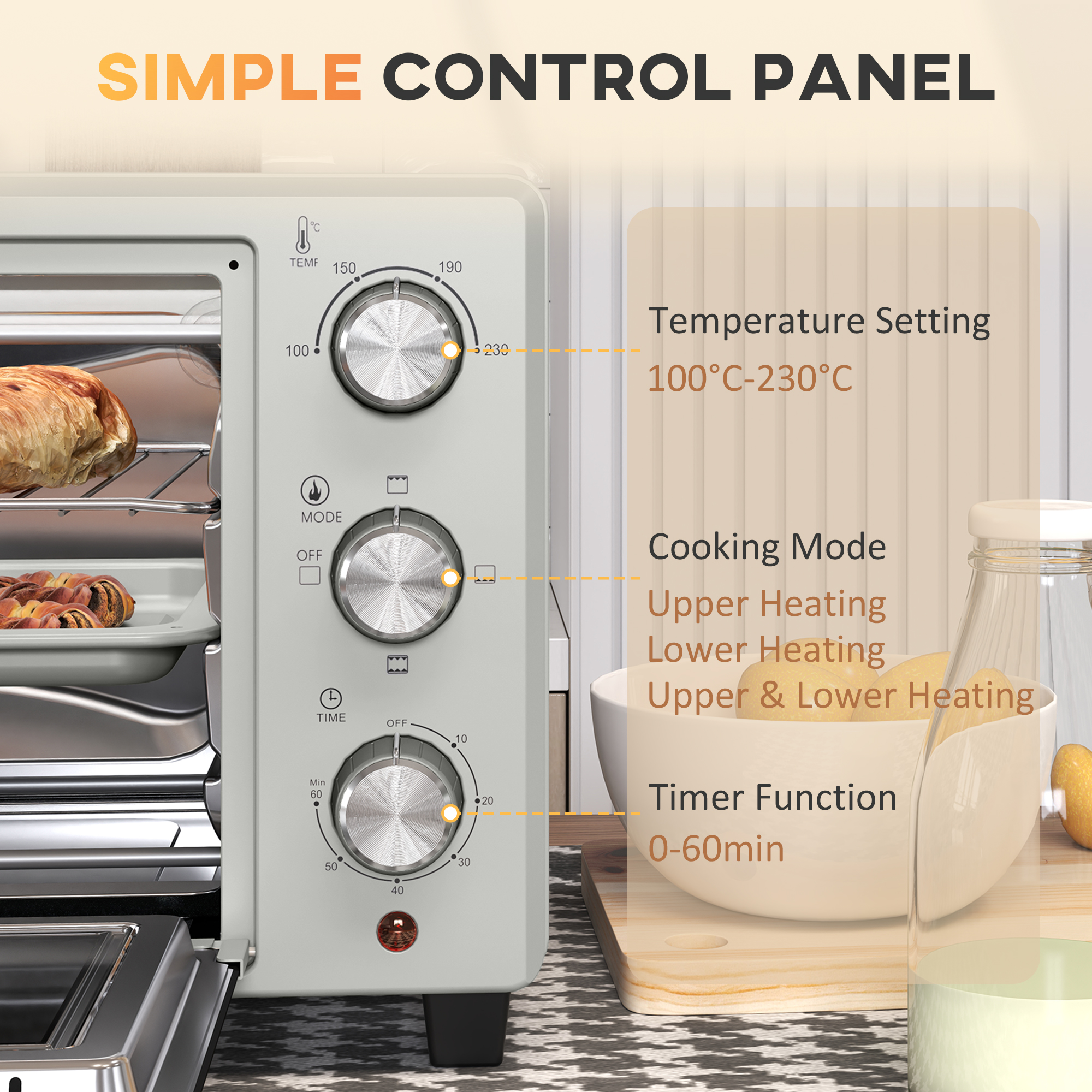 HOMCOM 21L Mini Countertop Oven, 100°C-230°C Adjustable Temp Silver Tone 7