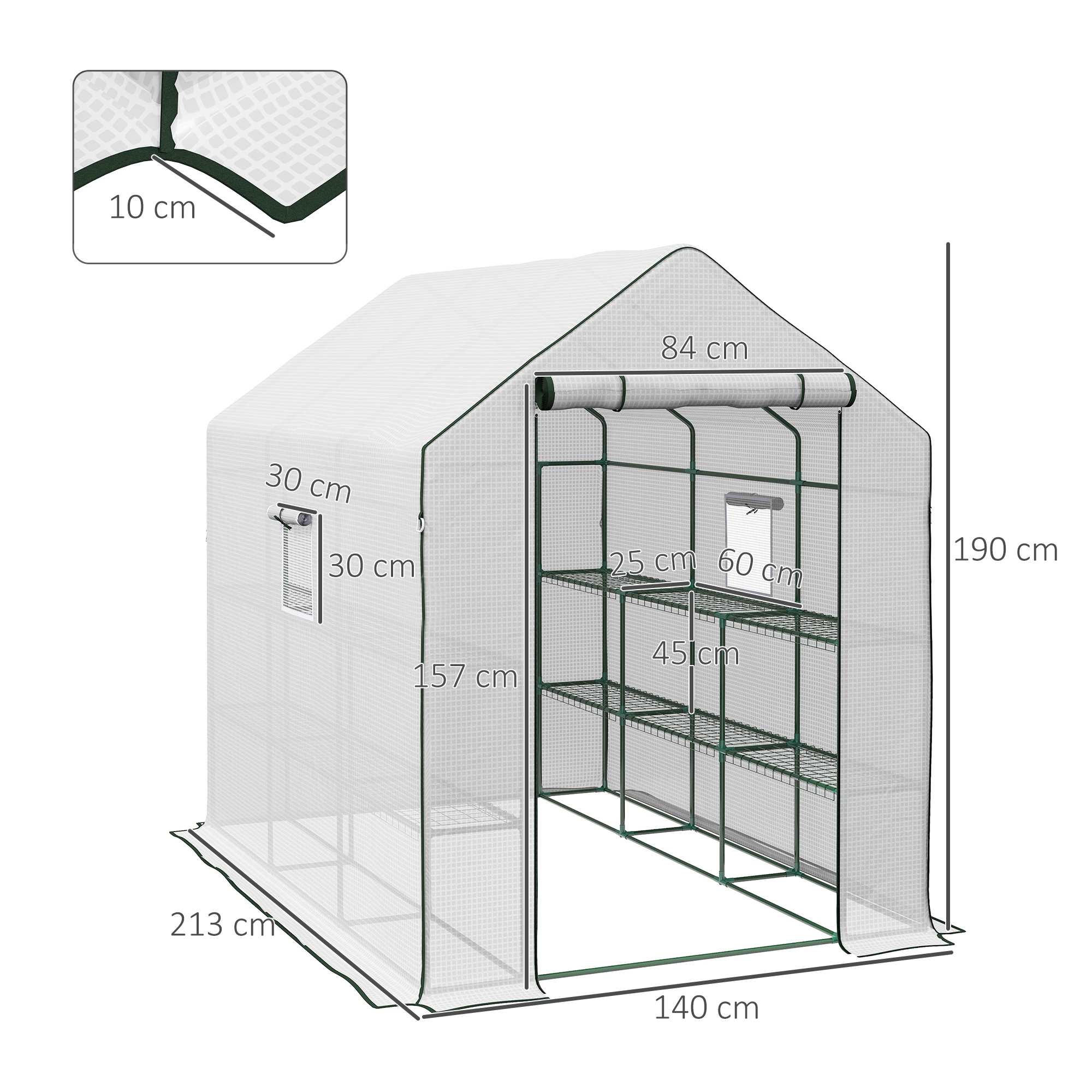 Outsunny Walk-in Greenhouse with 3 Tier 12 Shelves, Small Greenhouse with Reinforced PE Cover, Garden Plant Growhouse with Roll-up Door and Three Mesh Windows, 140 x 213 x 190 cm, White 3