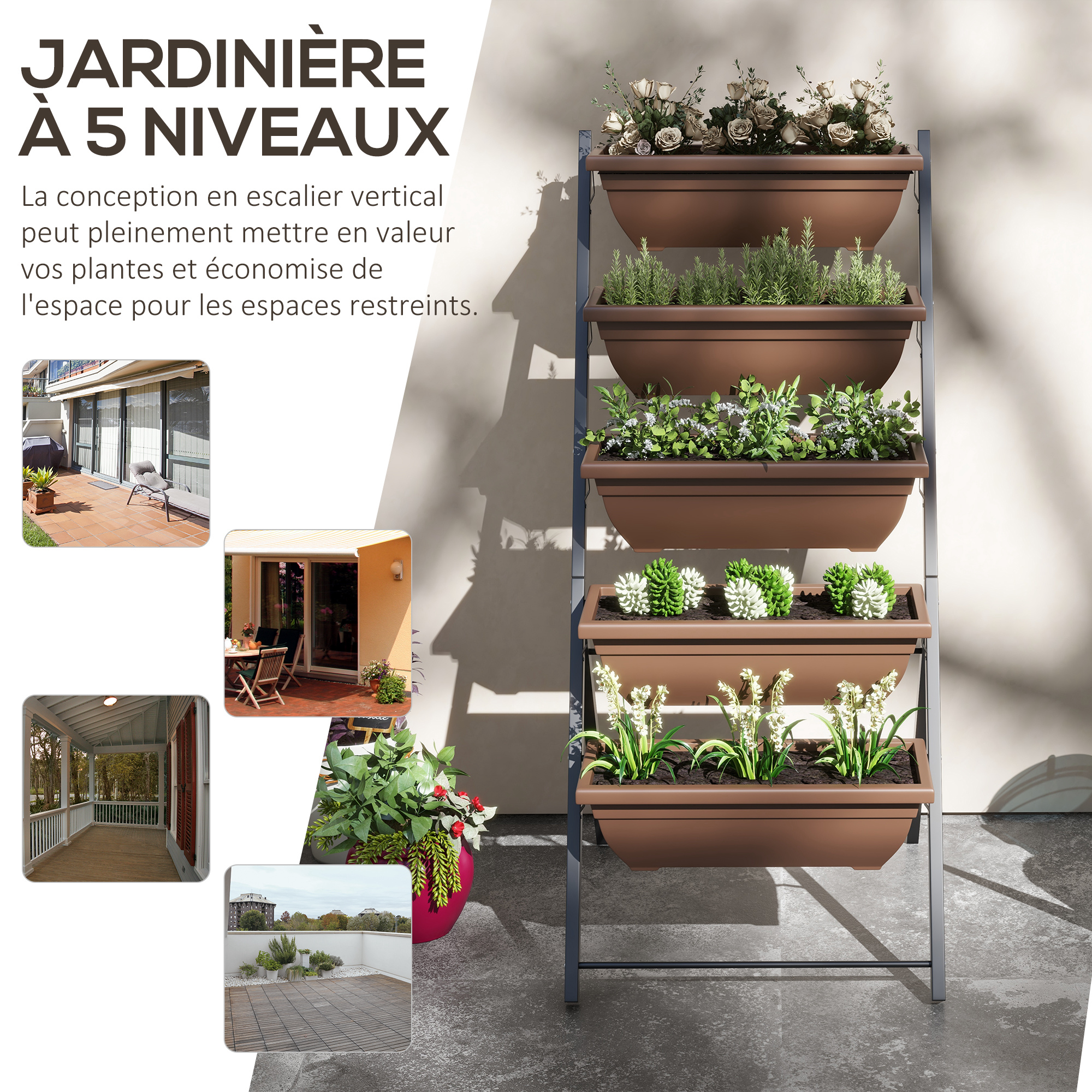 Jardinière Verticale Outsunny 5 Niveaux - Bac à Fleurs Surélevé Avec Drainage, Acier Et Plastique - Marron