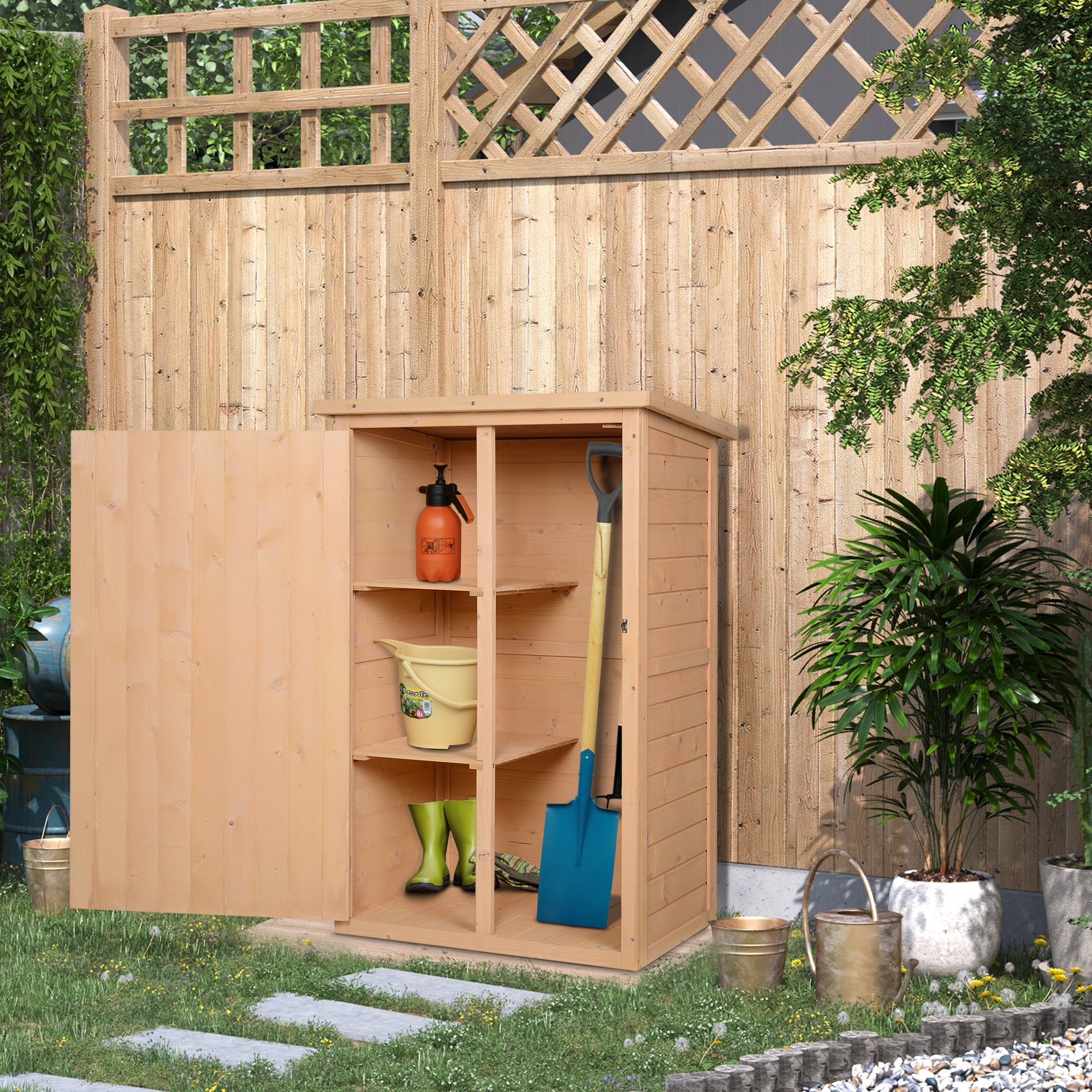 Outsunny Wooden Small Shed, Garden Storage Shed with Shelves and Bolt Latch, 75L x 56W x115H cm, Natural 2