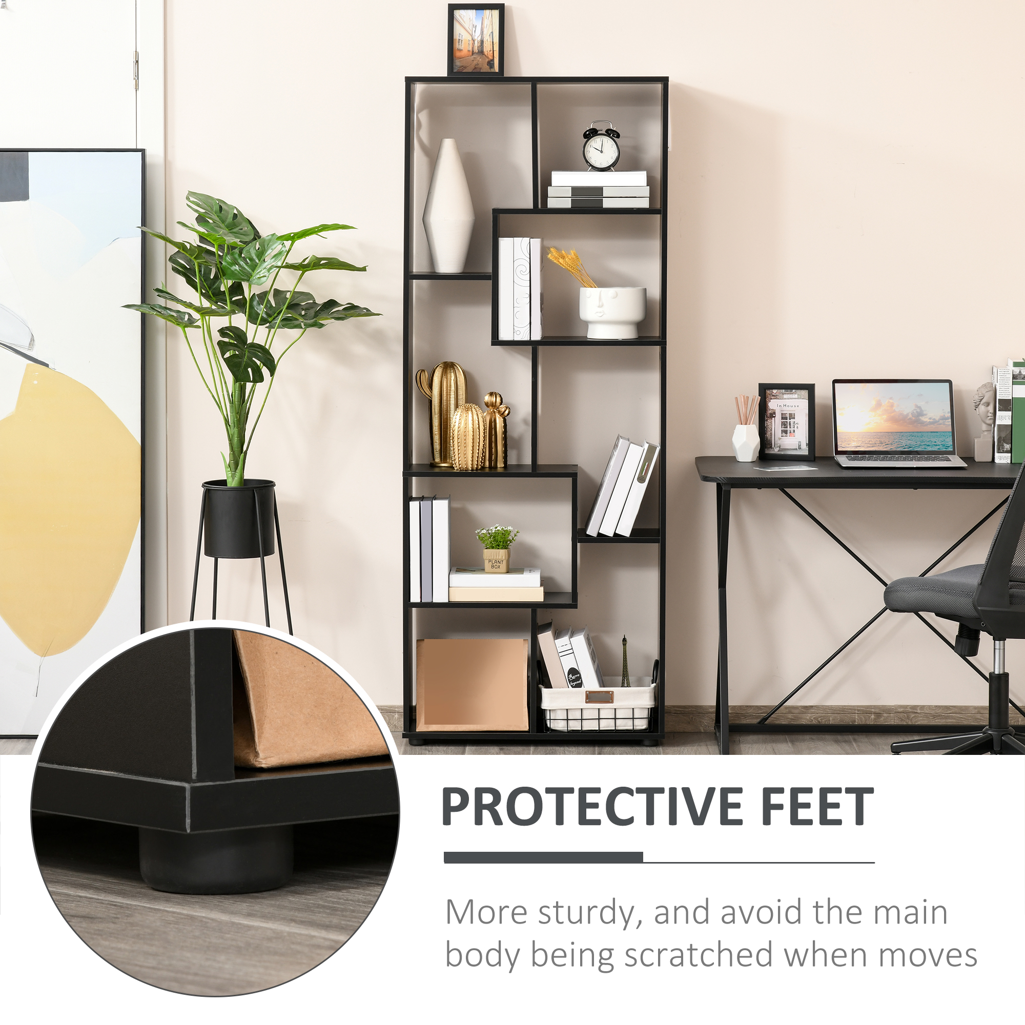 HOMCOM 8-Tier Freestanding Bookcase w/ Melamine Surface Anti-Tipping Foot Pads Home Display Storage Grid Stand Bedroom Living Room Furniture Modern Style Black 7