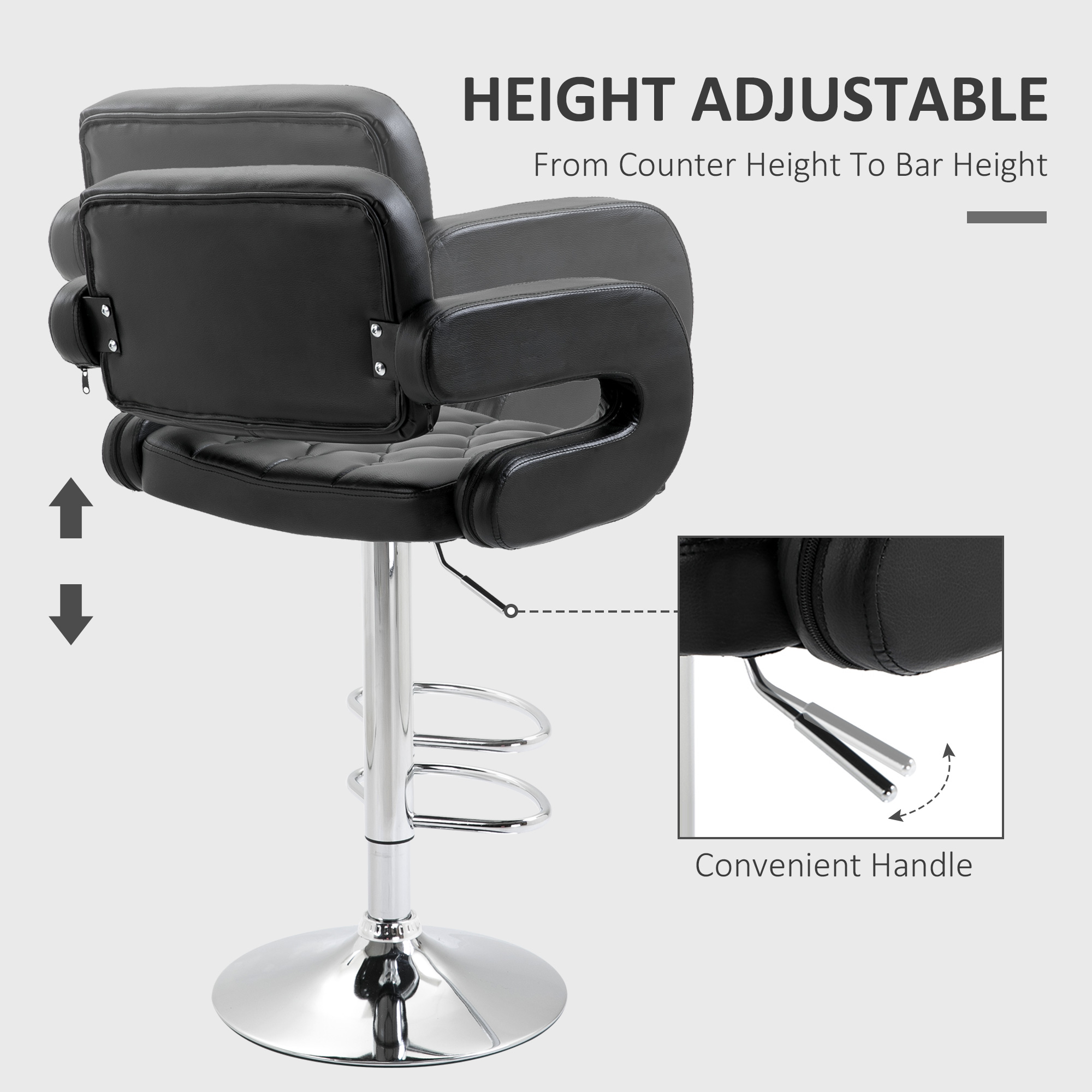 HOMCOM PU Leather Upholstered Swivel Bar Stool, Height Adjustable with Back, Armrest, Footrest, Black 4