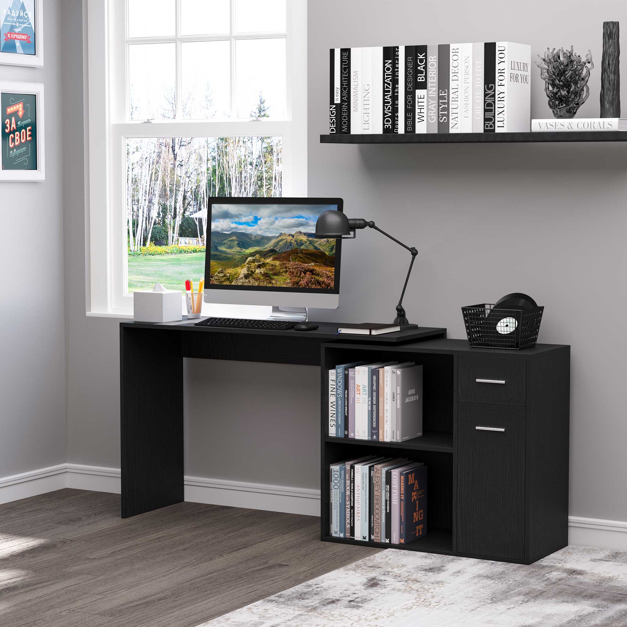 HOMCOM L-Shaped Desk, Corner Computer Desk, Adjustable Study Table with Storage Shelf, Drawer and Cabinet, Workstation for Home Office, Black Wood Grain 8